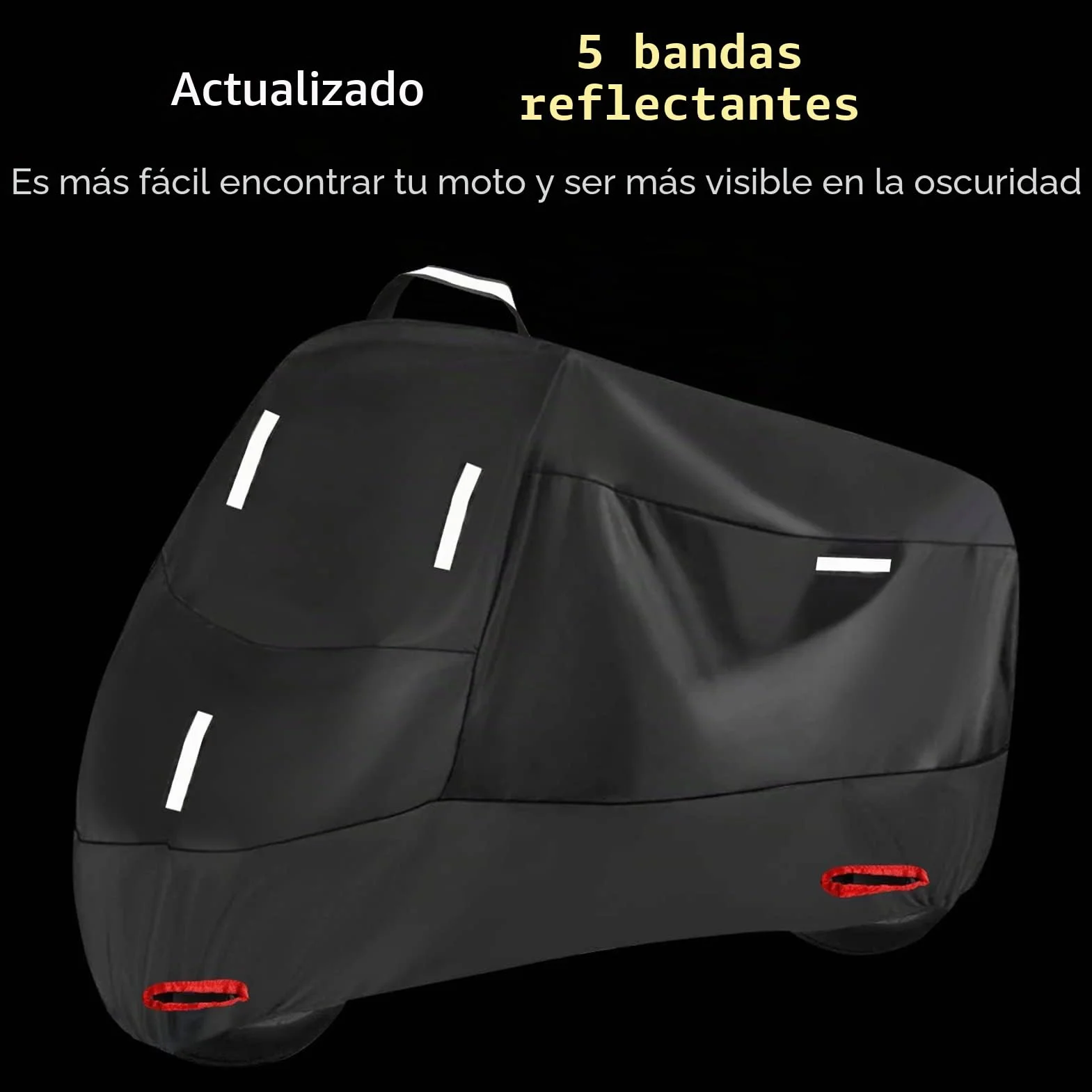 Funda Moto Impermeable para Exterior Interior, 300D Cubierta de Motocicleta Scooter Moped con 5 Tiras Reflectantes y 2 Orificios para Cerradura, 2 Hebillas de fijación (L: 220 x 95 x 110 cm)