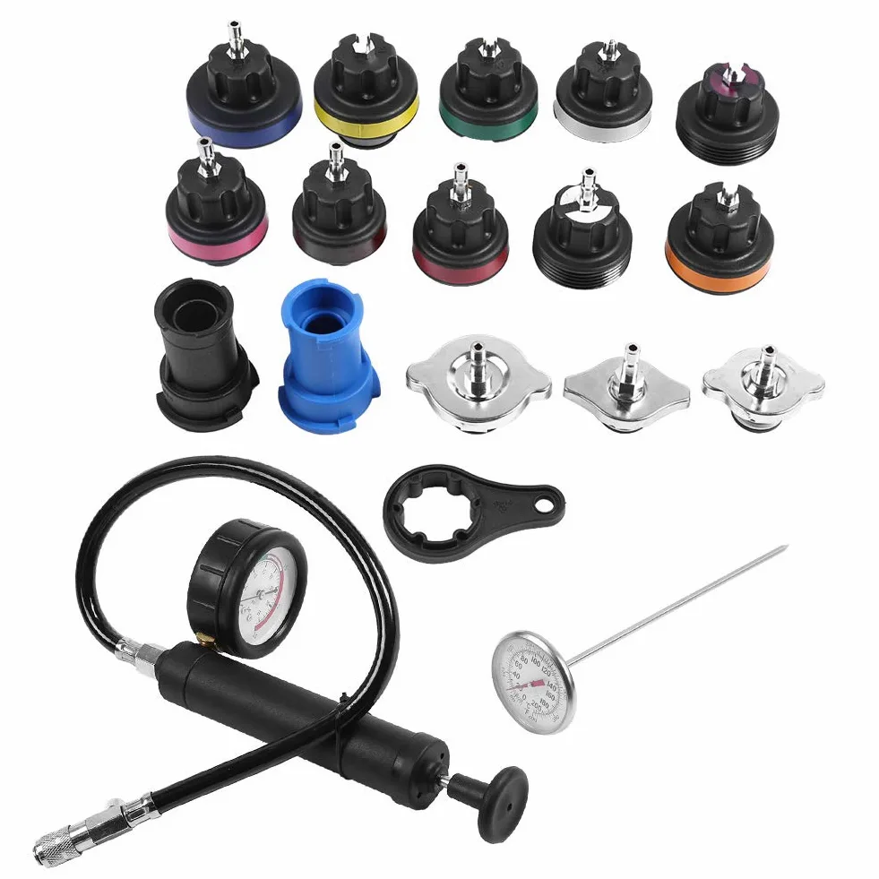 Qiilu Universal Equipo de de Enfriamiento del Detector de Presión del Radiador 18pcs con manómetro + termómetro + Adaptador de radiador
