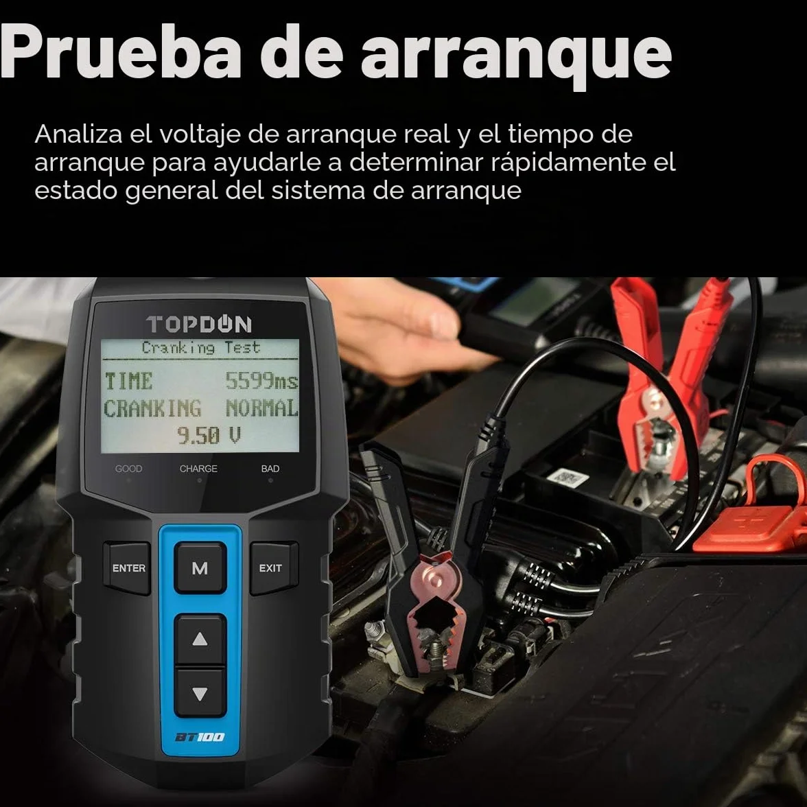 TOPDON BT100 Comprobador de Baterias de Coche 12V, 100-2000 CCA Probador de Batería Auto para Arranque y Sistema de Carga, Analizador de Batería Digital para Coche, Camión, Moto, ATV, SUV, Barco,Yate
