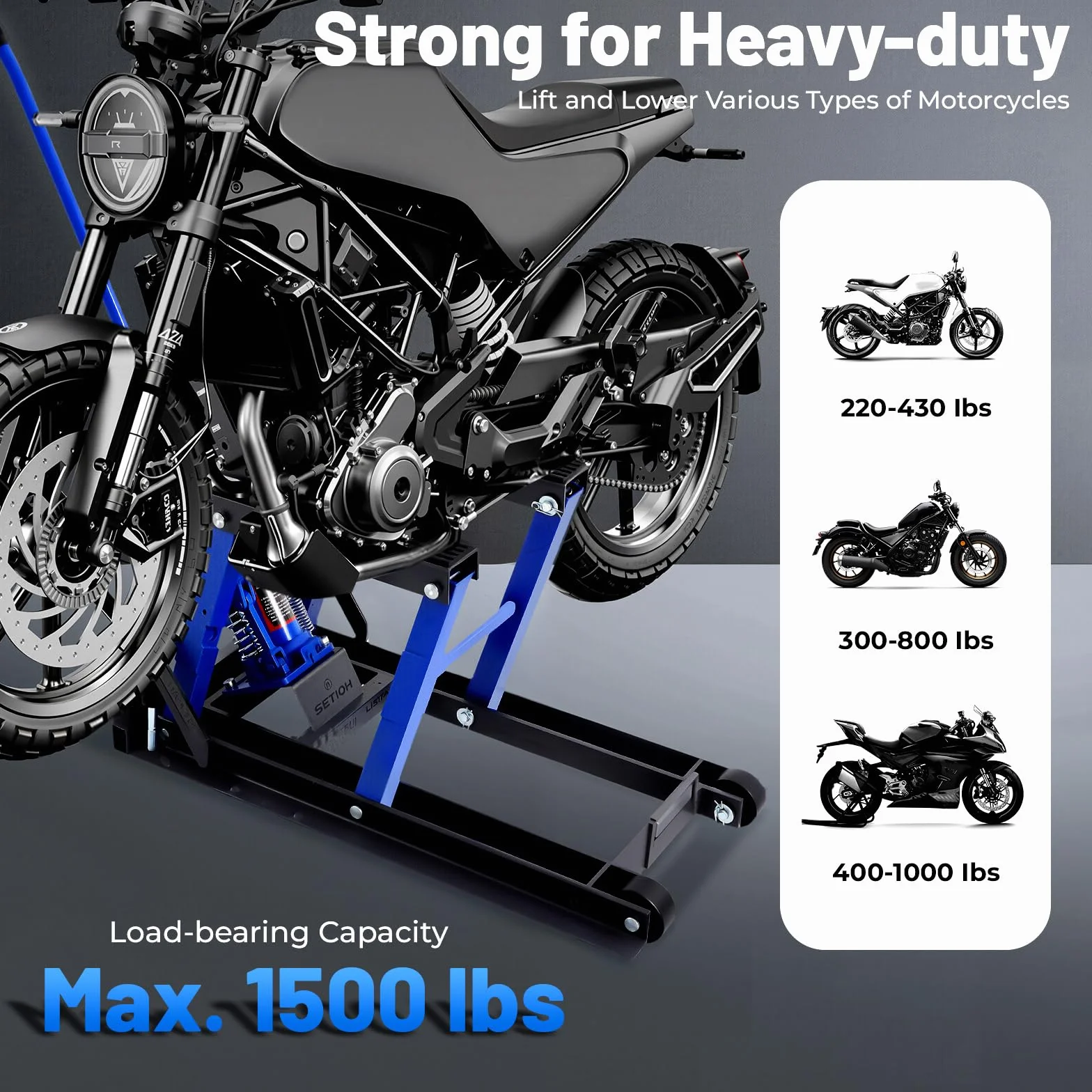 Plataforma elevadora para motocicleta, hidráulica, cuádruple hidráulico, carga máxima 680 kg, reparación de máquina de aterrizaje, soporte de altura regulable 11,5 – 37,5 cm (azul)