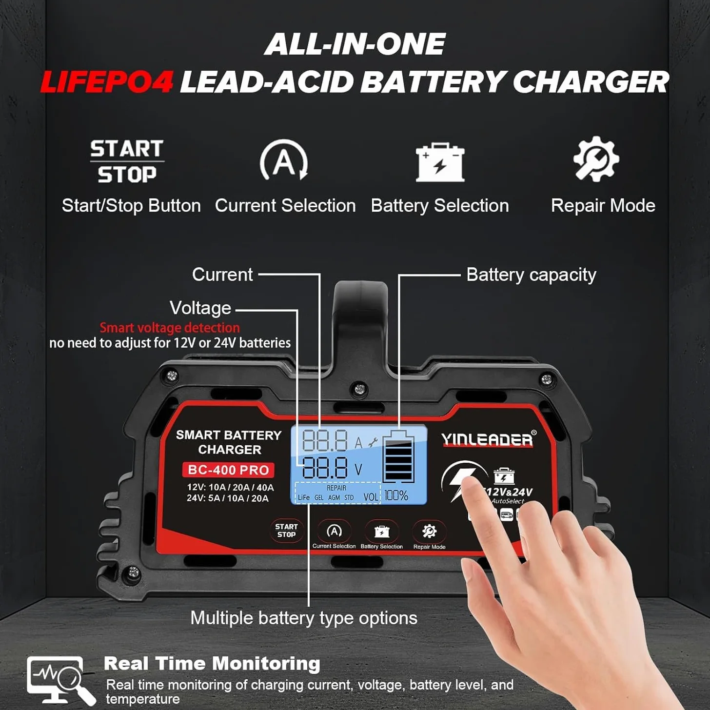 Yinleader Cargador de batería inteligente 40A 12V/24V 20A Cargador de coche LCD Soporte de batería para AGM Moto