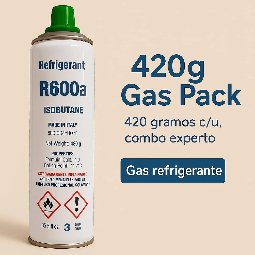 Kit Gas Refrigerante R600a Isobutano 420g Ecológico para Recarga Frigoríficos Congeladores con Válvula de Servicio
