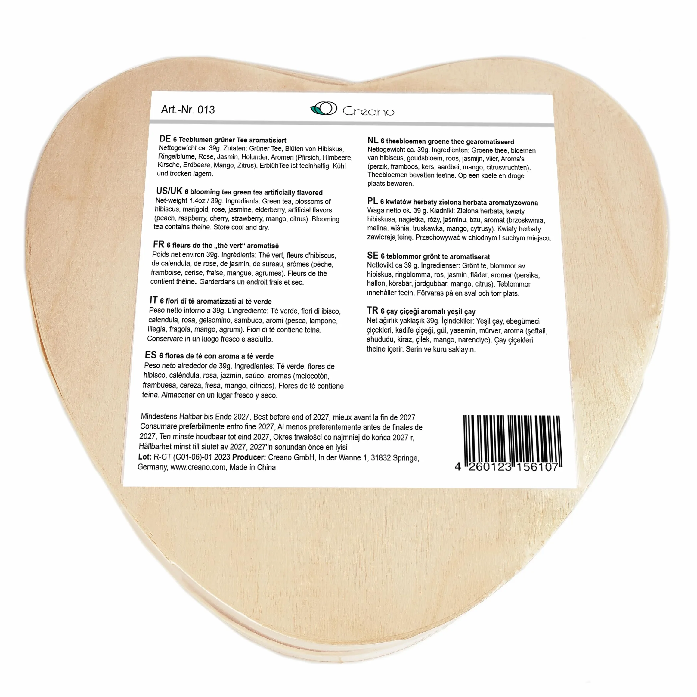 Creano Flores de Té Verde 6 uds Caja de Madera Corazón 6 Variedades Té Verde Aromatizado Regalo