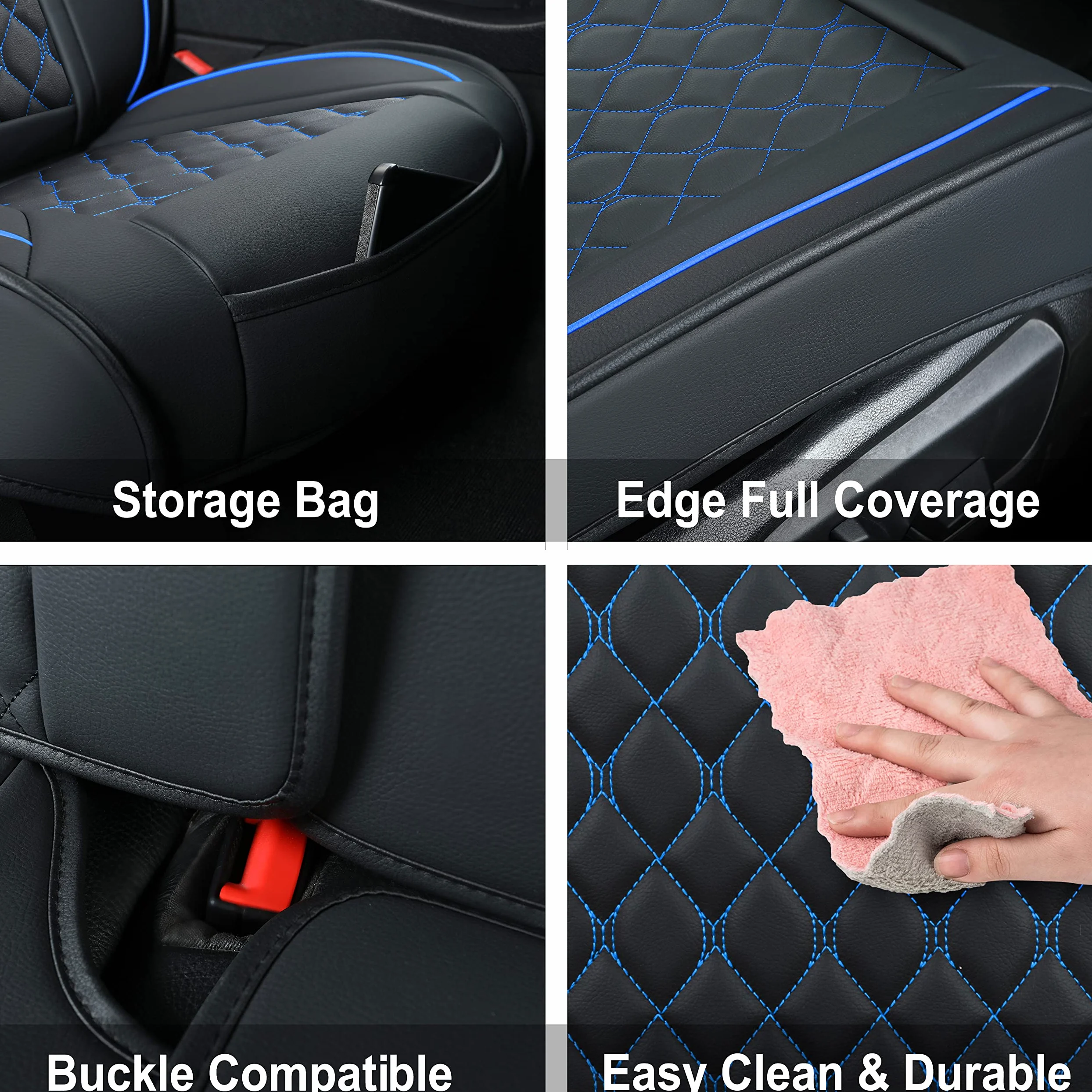 Juego Completo de Fundas de Asiento de Coche, Ajuste Universal para la mayoría de Coches, SUV, Fundas de cojín de Piel sintética para vehículos automotores (Juego Completo, Negro/Azul)