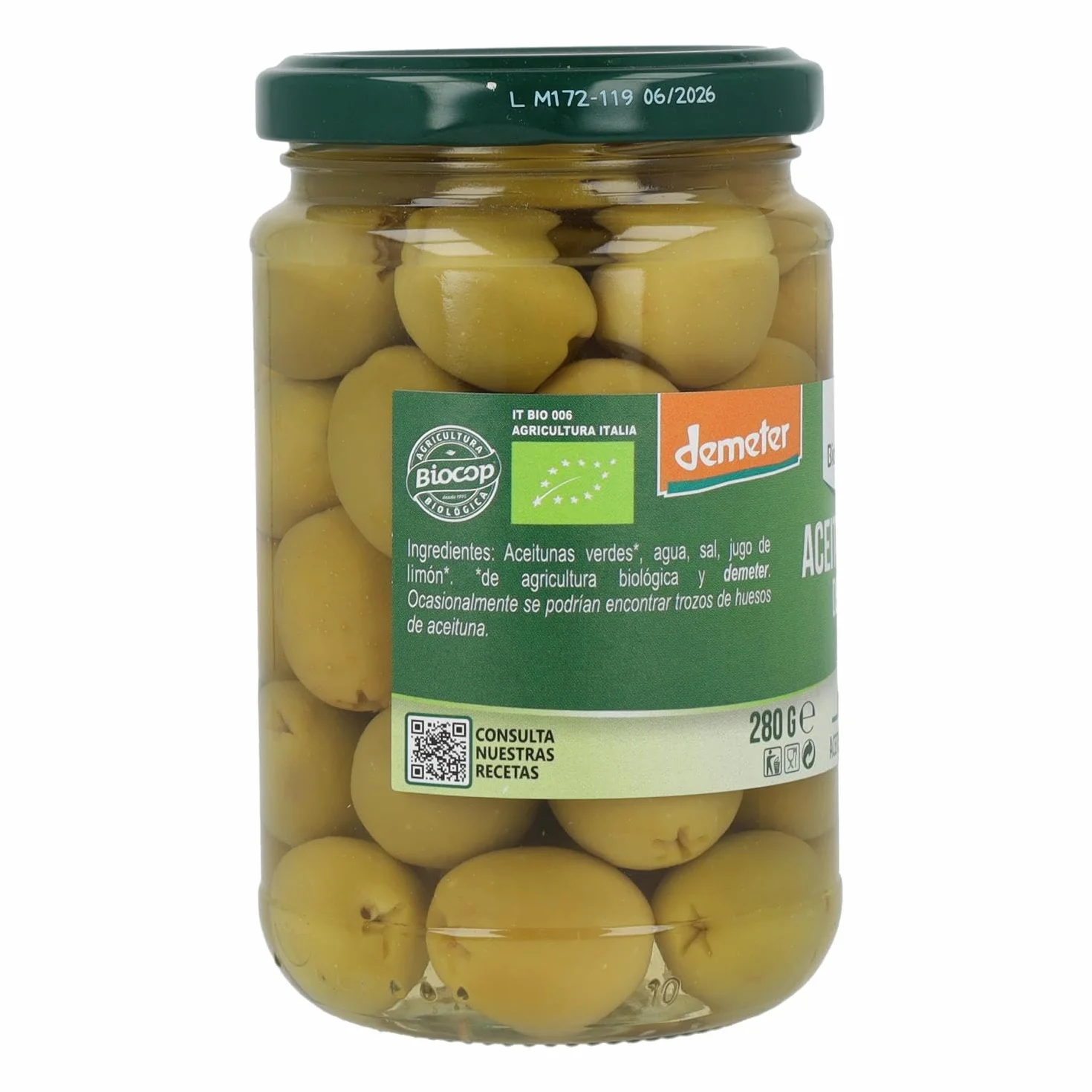 Aceituna verde deshuesada bio orgánica Italia 280 g