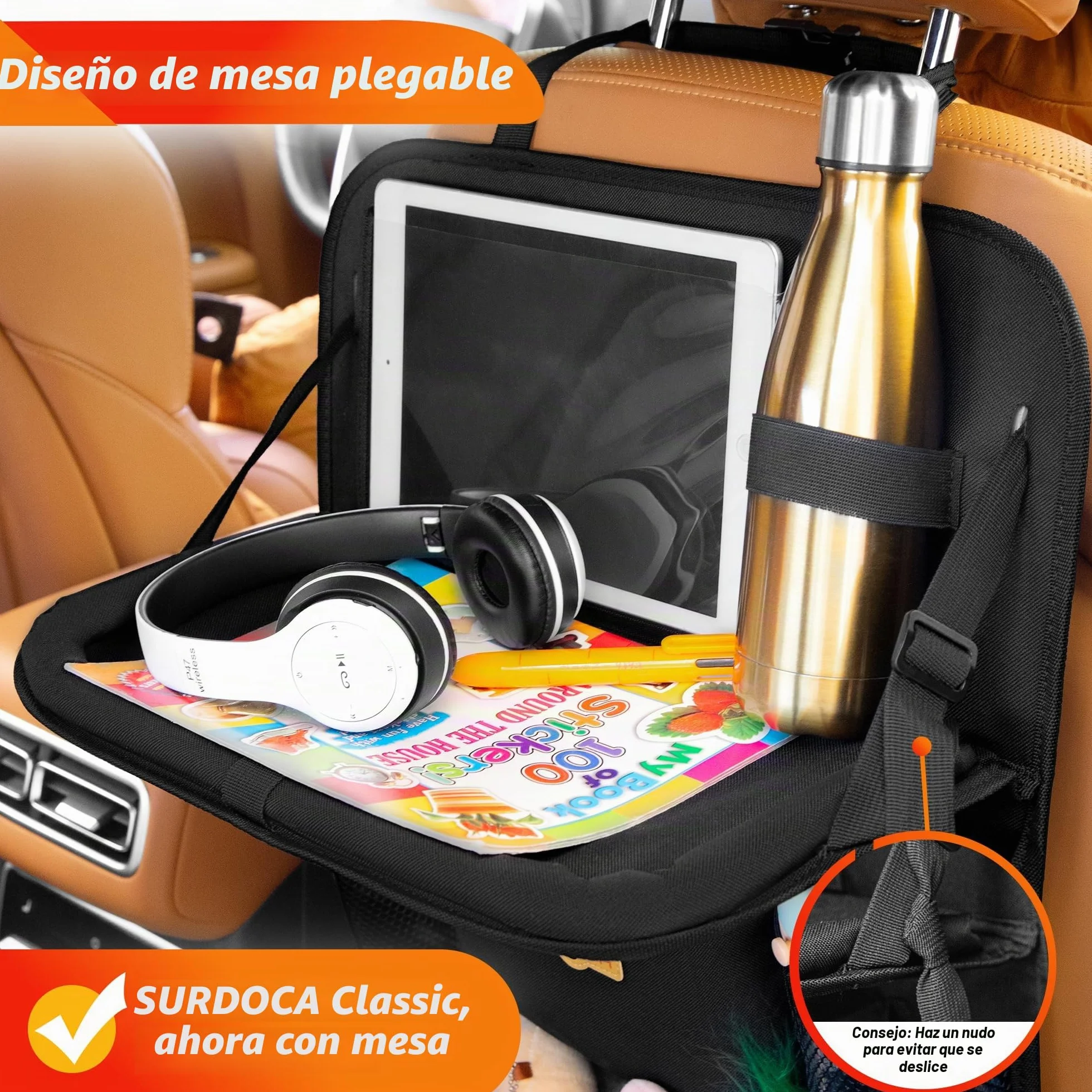 SURDOCA Organizador de asiento trasero de coche con bandeja plegable para niños y adultos – Nuevo modelo de almacenamiento de asiento con bolsillo táctil para tablet, artículos esenciales para viajes