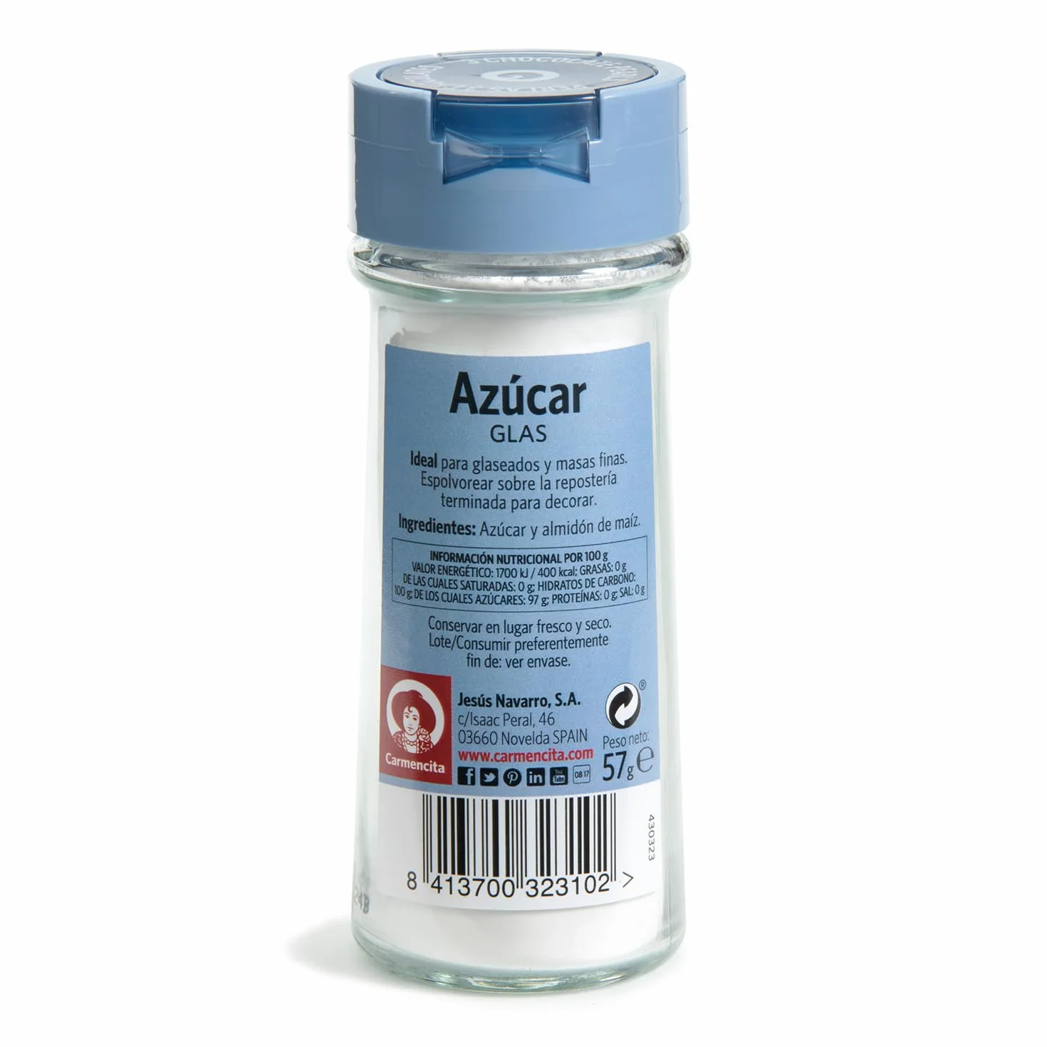Carmencita Azúcar Glass Tarro de Cristal con Tapón Dosificador 57g
