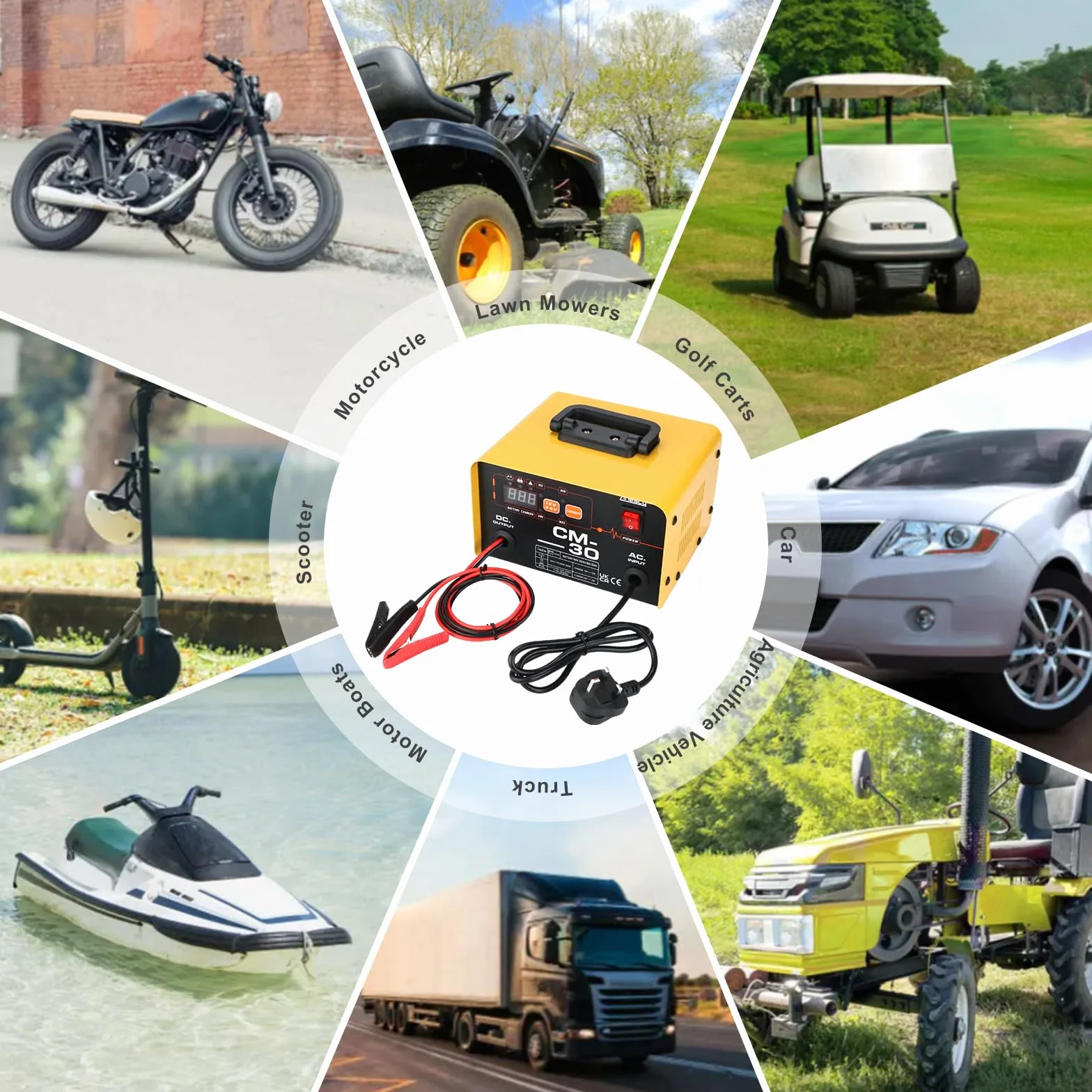 Anesty Cargador de batería de coche de 12 V, 24 V, 20-250 Ah, cargador de batería inteligente de plomo-ácido, unidad de carga automática de batería de coche resistente para furgoneta, motocicleta,