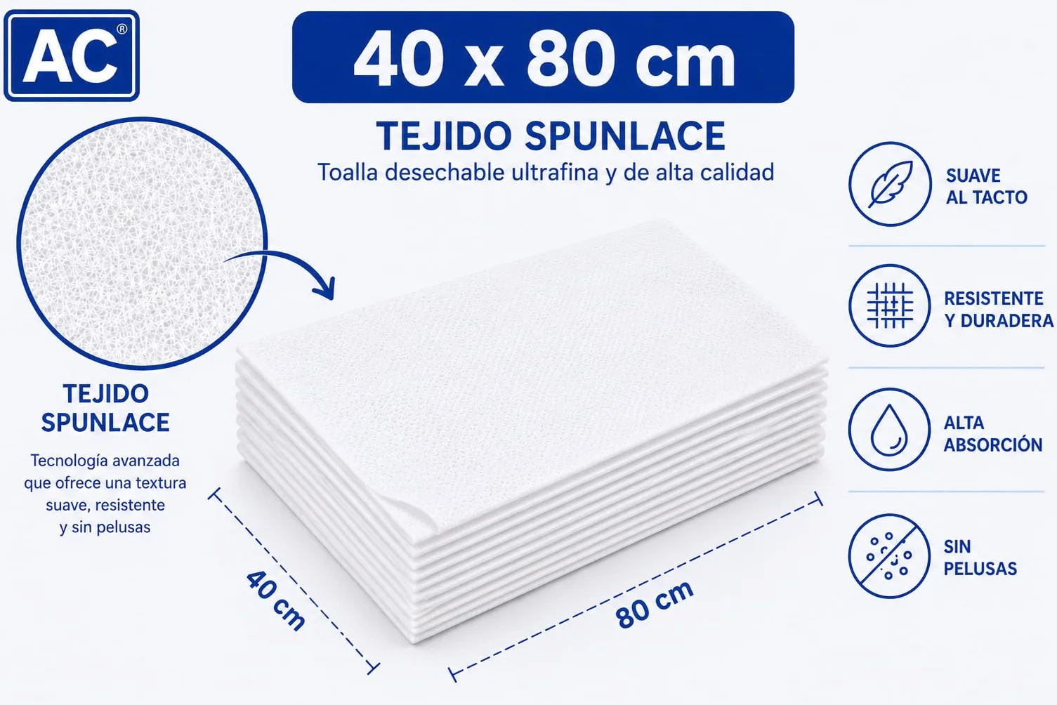 Toalla Desechable Spunlace 40x80 cm 100 unidades Blanco Suave Absorbente
