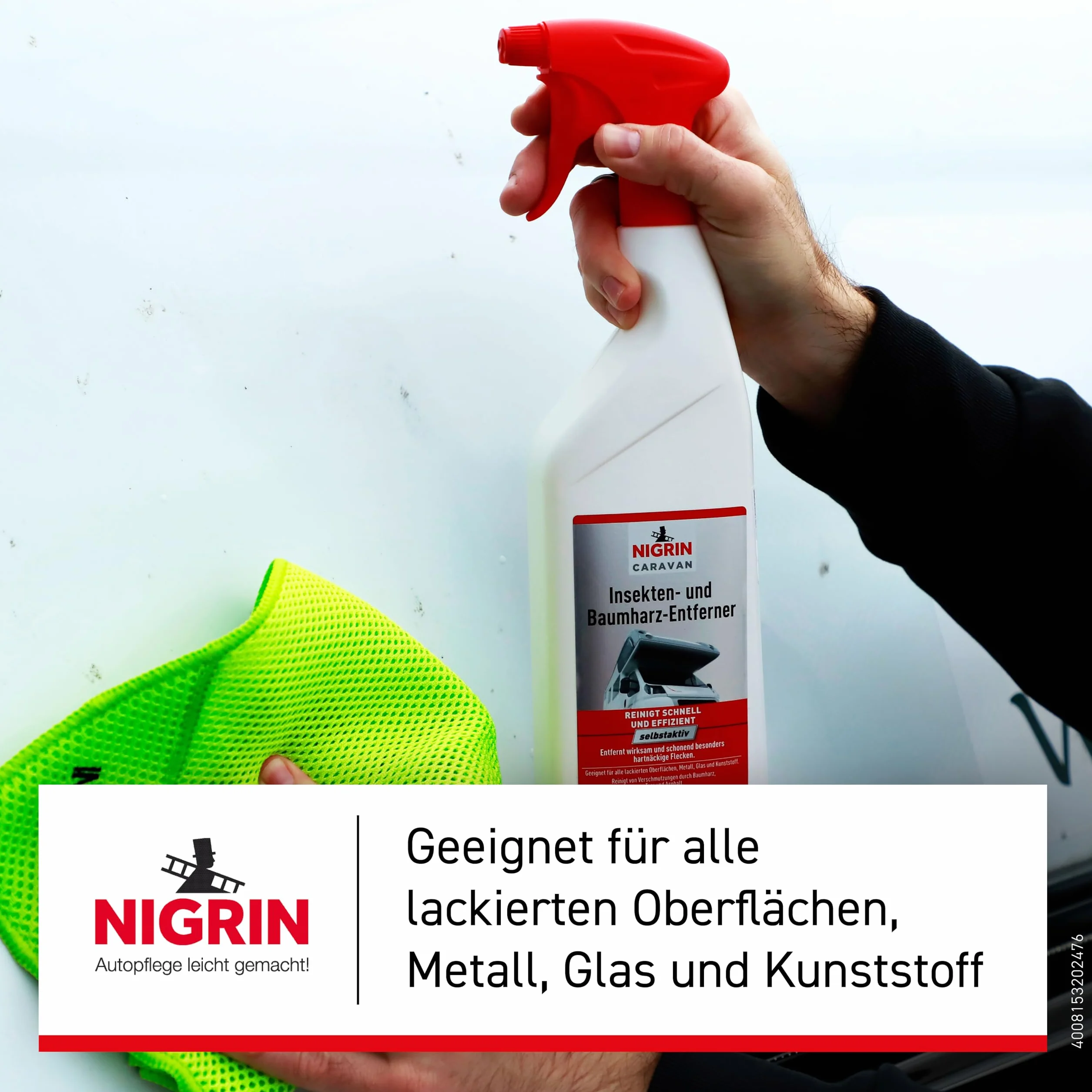 NIGRIN CARAVAN Removedor para insectos y resinas de árboles, limpia rápida y eficientemente, adecuado para todas las superficies pintadas, metal, vidrio y plástico, disuelve los residuos de insectos