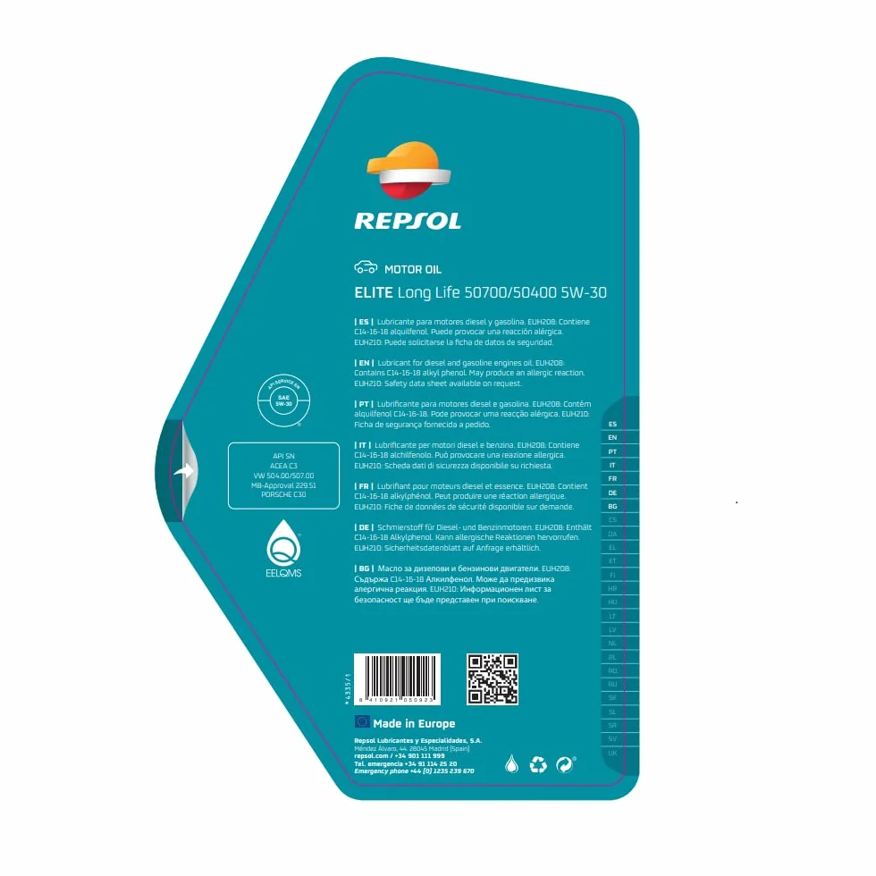 REPSOL ELITE LONG LIFE 50700/50400 5W-30 5L aceite lubricante sintético para coche