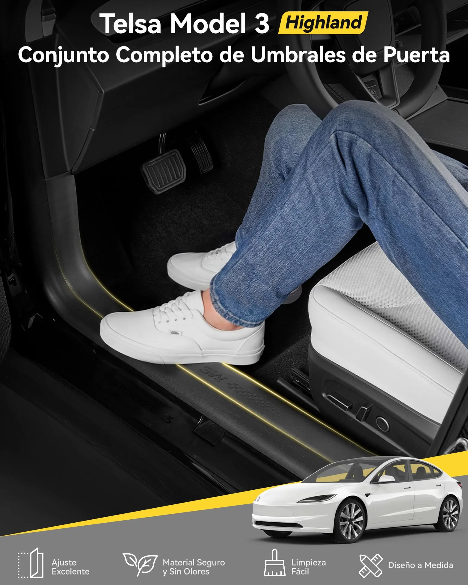 3W 5 piezas de protección de umbral de puerta para Tesla Model 3 Highland 2024-2026 Pedal de puerta delantera y trasera y espacio de carga, protección contra chispas TPE, protección contra chispas en