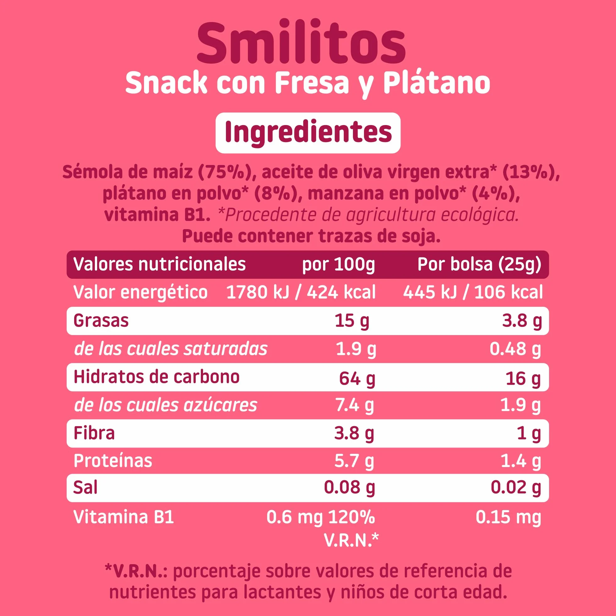Smileat Bolsas de Snacks Ecológicos de Maíz Fresa y Plátano Pack 12 x 25g