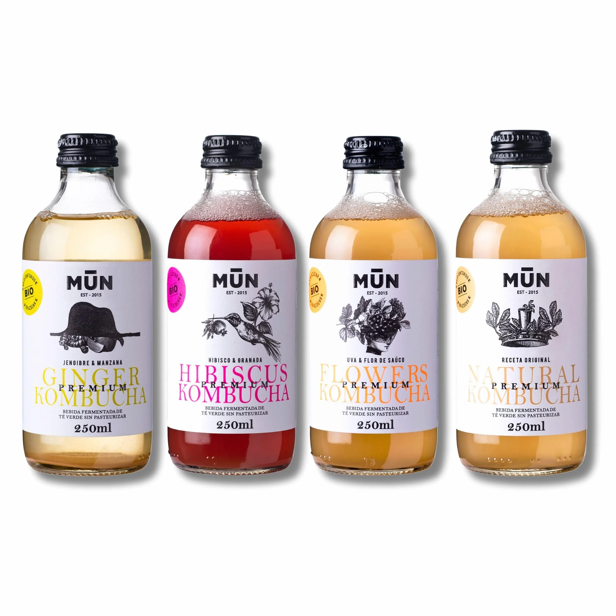 Mūn Ferments Té Kombucha Pack Mix 12x250ml Ecológico Bio Probióticos Naturales Ginger Hibiscus Flowers