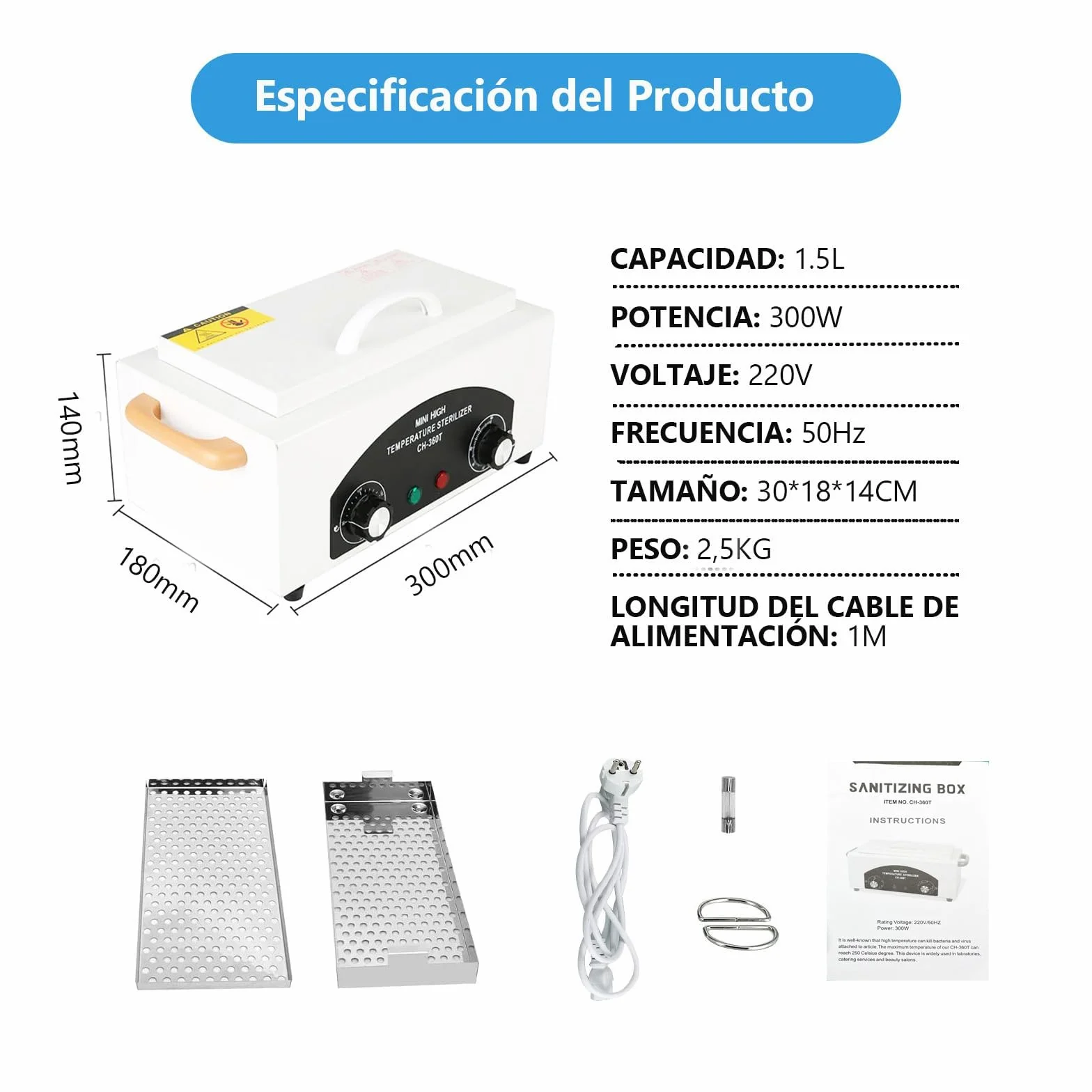 Esterilizador manicura profesional 200°C Aire caliente calor seco Caja 1,5L 300W temporizador 0-60 min