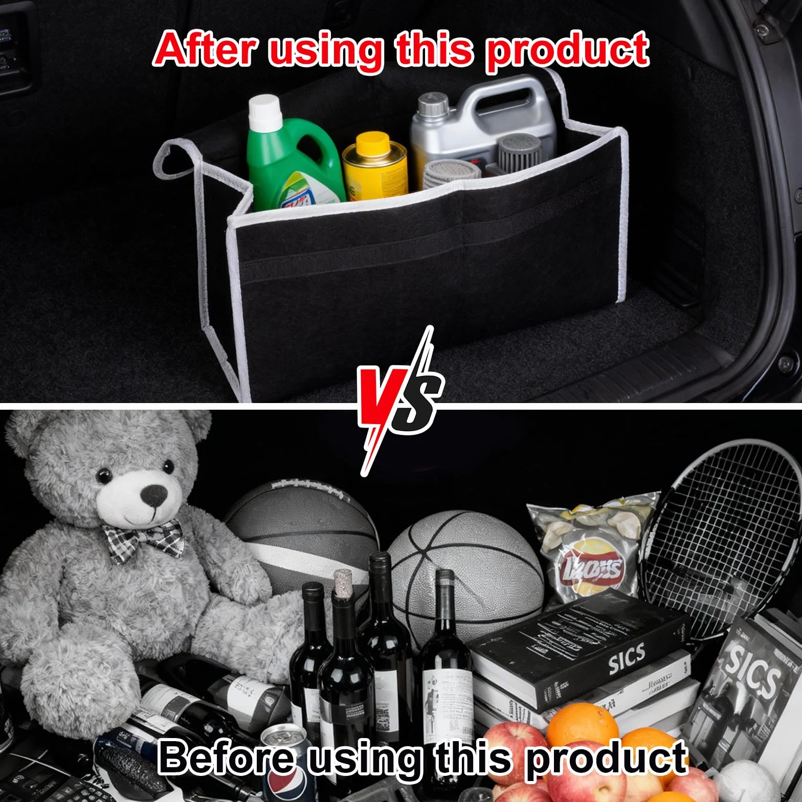 Organizador Maletero Coche Plegable Antideslizante Fieltro Grueso, Bolsa Multiuso Universal para Coche, Contenedor Salvaespacio Base Doble Estable, Material Ecológico sin Olor, 50×24×15 cm