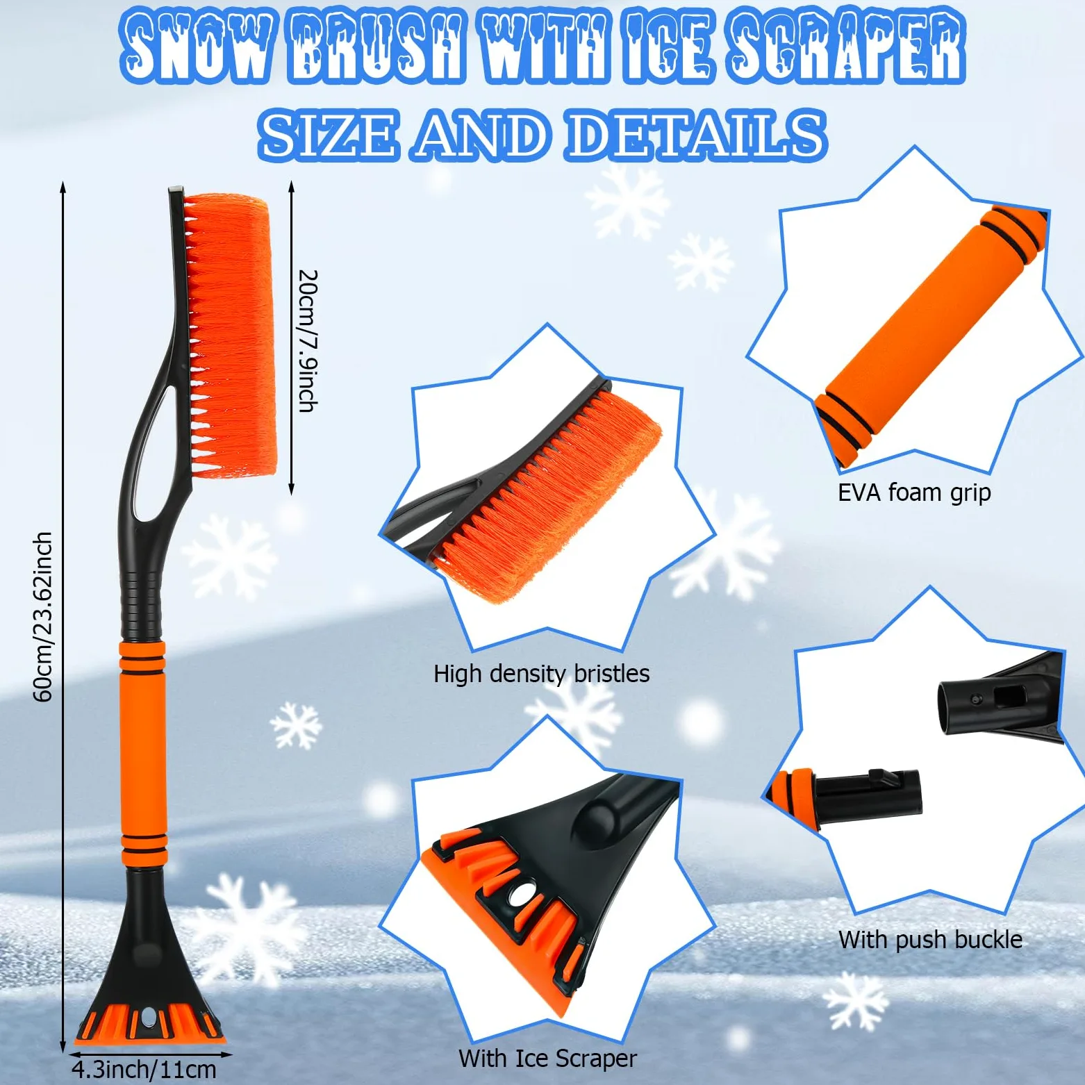 Uiifan 24 cepillos de nieve y raspadores de hielo de 24 pulgadas para ventanas de parabrisas de coche, desmontables, sin arañazos, para quitar hielo y nieve, con agarre de espuma para coches,