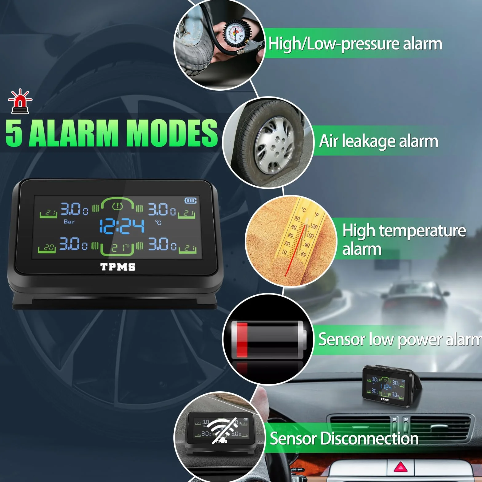 TPMS Sistema de Monitoreo de Presión de Neumáticos, Carga Solar/USB, 5 Funciones de Alarma, Auto On/Off, Compatible Caravana/Berlina/SUV/MPV (4 Sensores, 87 PSI)