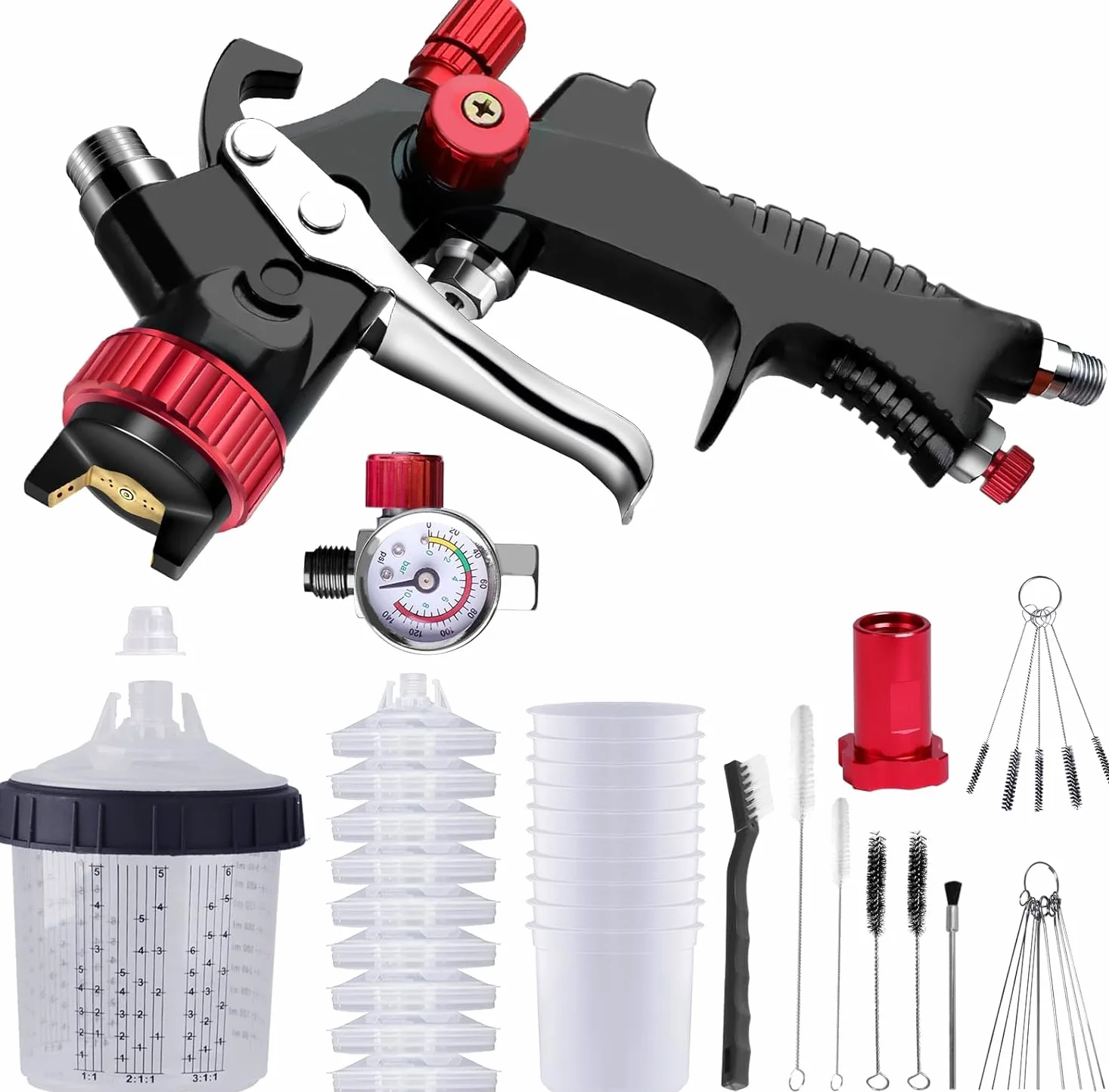 Pulverizador de pintura profesional, kit de pistola de pulverización de 1,3 mm con 10 vasos desechables, cepillos de limpieza, regulador de presión para pintura de coche, transparente, de