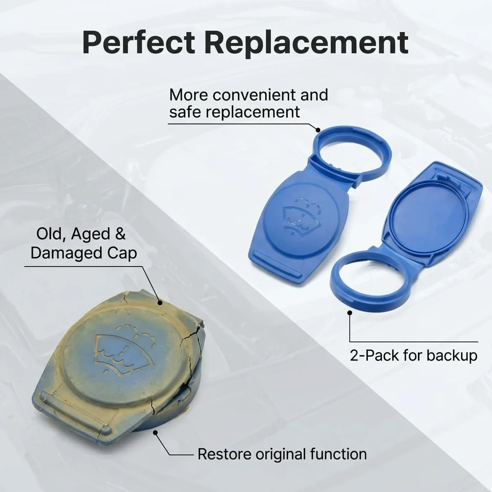 Tapa de repuesto para depósito de líquido limpiaparabrisas (paquete de 2), accesorio universal para la mayoría de los modelos de vehículos, duradera, a prueba de fugas, fácil montaje, color azul