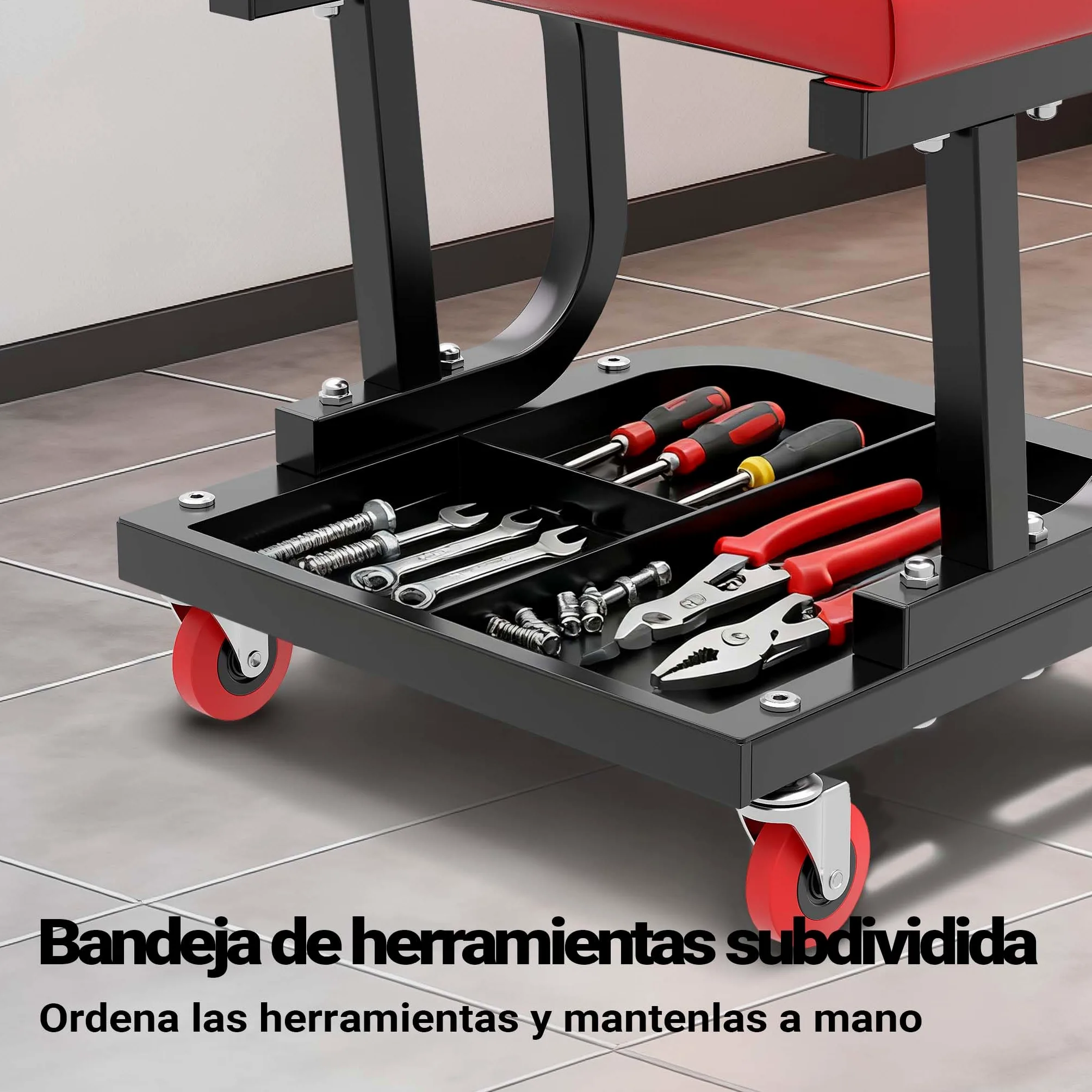 WilTec Asiento Taller Taburete Trabajo Móvil Ruedas Bandeja Porta Herramientas Almacenaje Taller mecánico