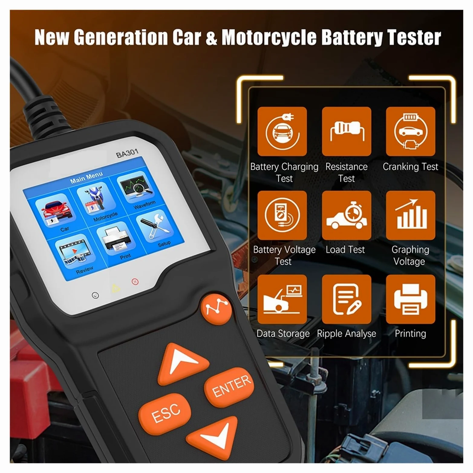 Comprobador de carga de batería, Probador de batería BA301 de 100 a 2000CCA, probador de circuito de carga de arranque rápido for coche, probador de batería de coche for motocicleta ，función de protec