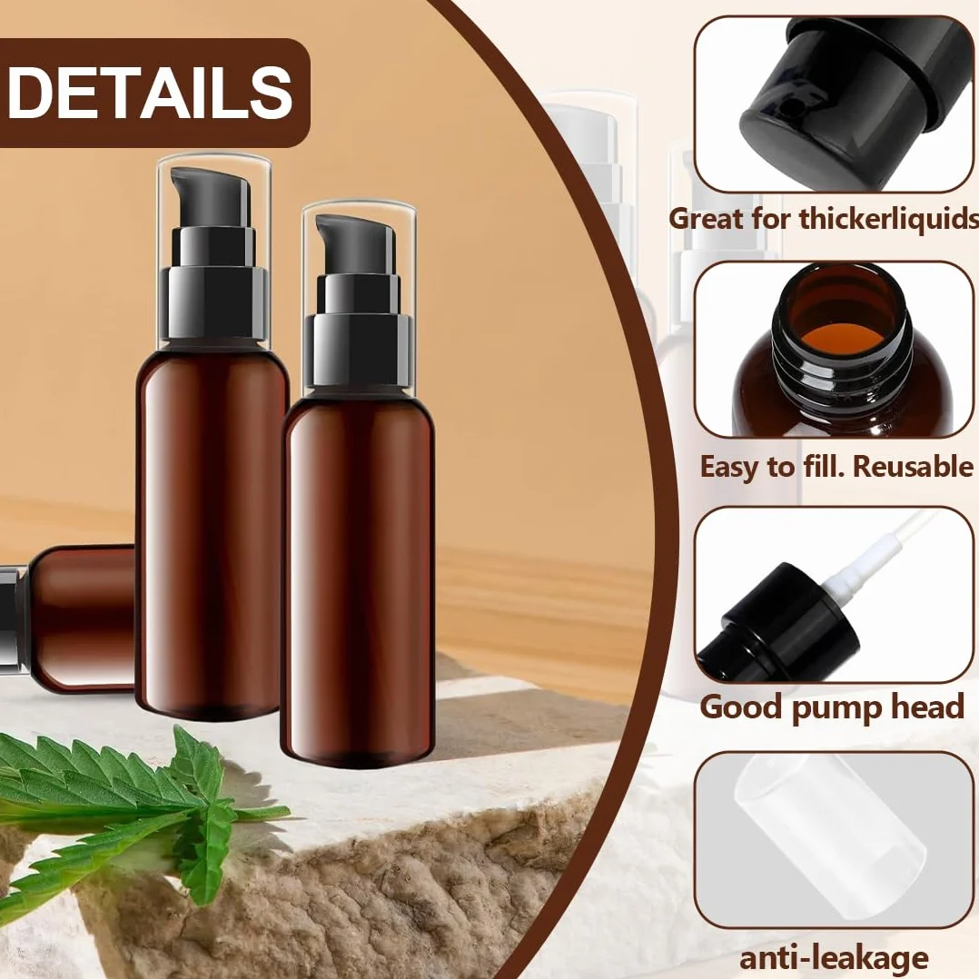 IKOPFLN 6 botellas vacías de vidrio marrón con bomba negra para aceite esencial, viaje, crema y loción