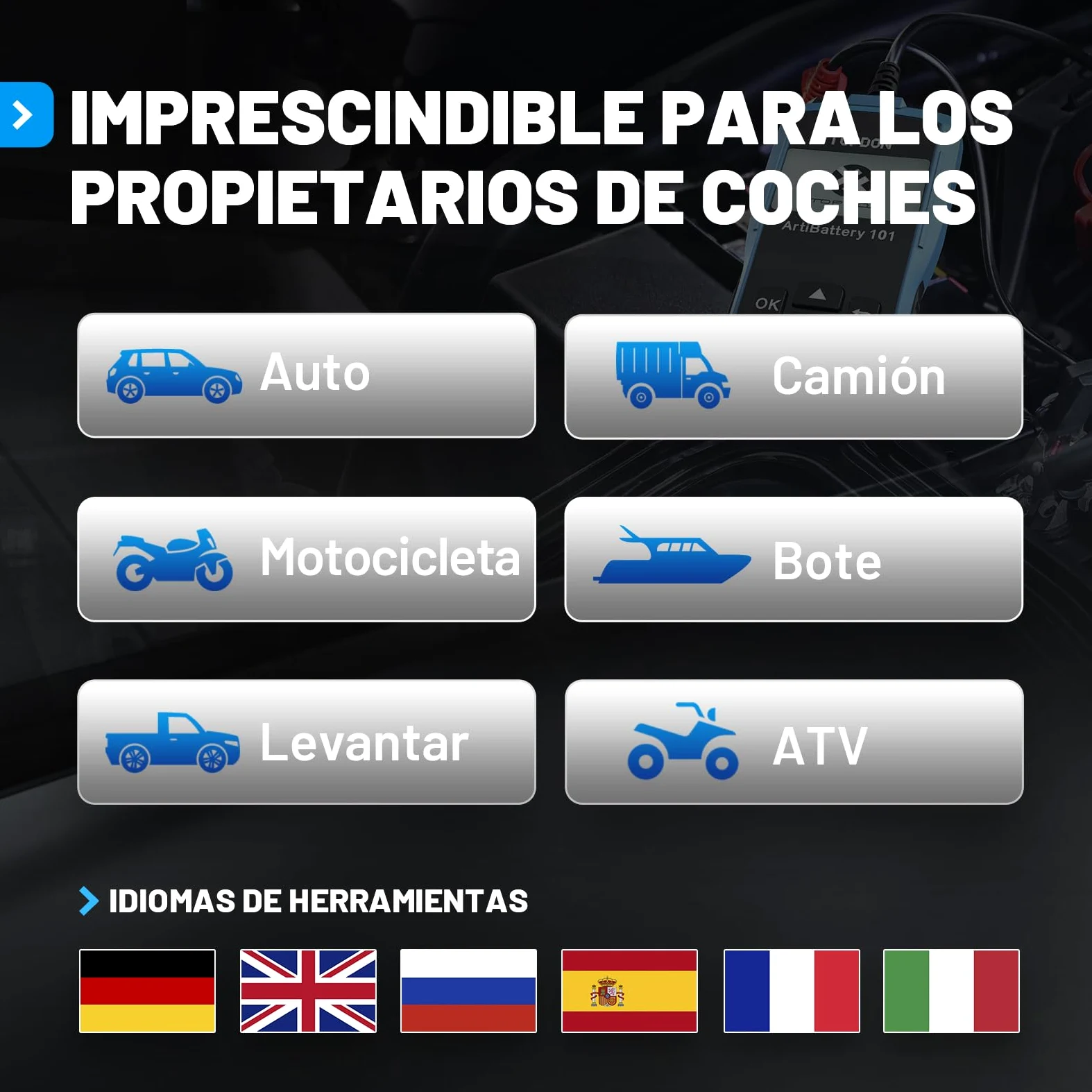TOPDON ArtiBattery AB101 Comprobador de batería de Coche de 12 V 100 – 2000 CCA. Medidor de batería de Coche para Pruebas de Arranque y Carga, Analizador Digital para Celda húmeda/AGM/Gel/EFB