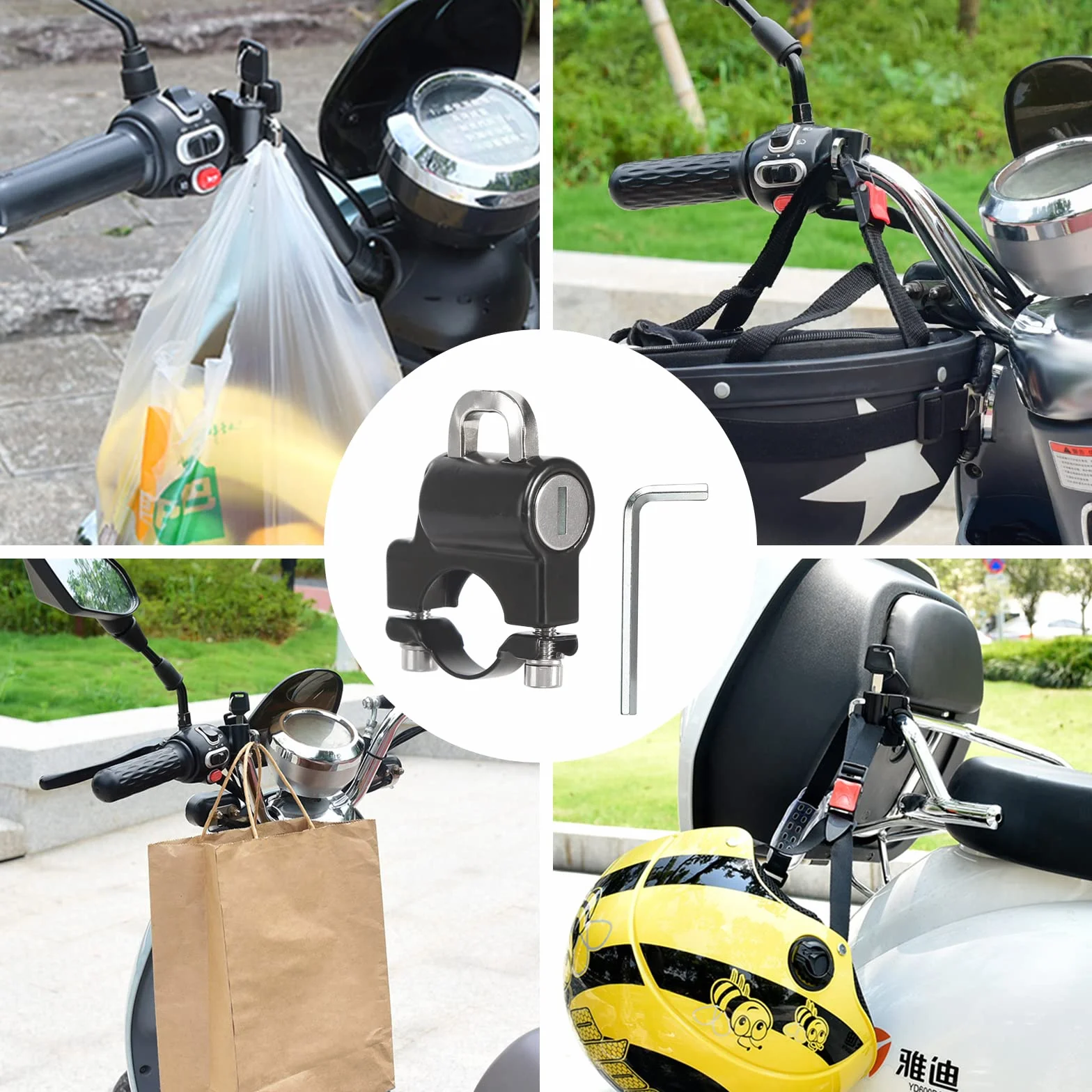 2 Piezas Candado Casco Moto, Universal Candado para Casco de Moto for Motocicleta 22-28mm Manillar, con Llaves, Arandelas, Tornillos, Llave Inglesa