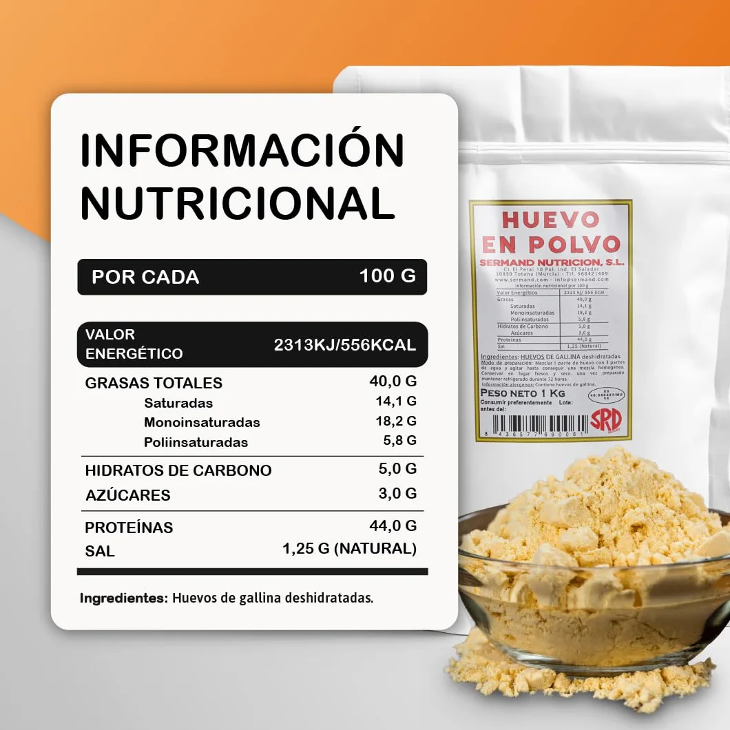 Huevo en Polvo Deshidratado Pasteurizado Sin Gluten Sin Lactosa 1 kg