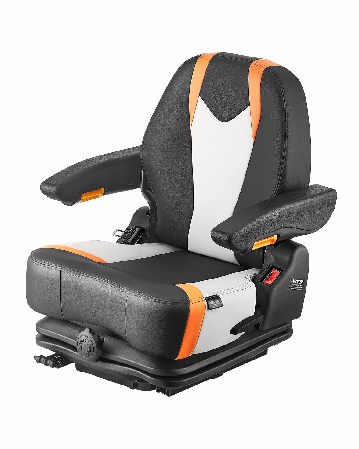 VEVOR Asiento Universal para Carretilla Elevadora 60 x 51 x 64cm, Asiento con Suspensión, Respaldo Ajustable, Reposabrazos y Cinturón de Seguridad, Microinterruptor, para Cortadora de Césped, Tractor