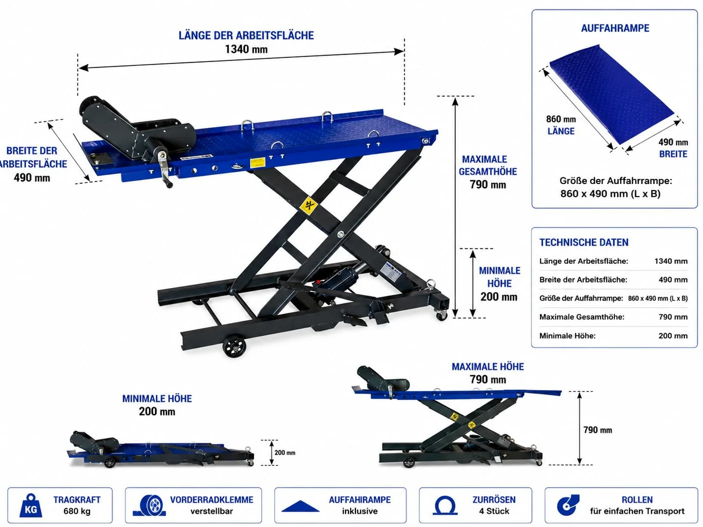 DeTec. Plataforma elevadora para moto, máx. 360 kg, mando a pie, elevador de tijera, plataforma de montaje máx. 780 mm altura de elevación