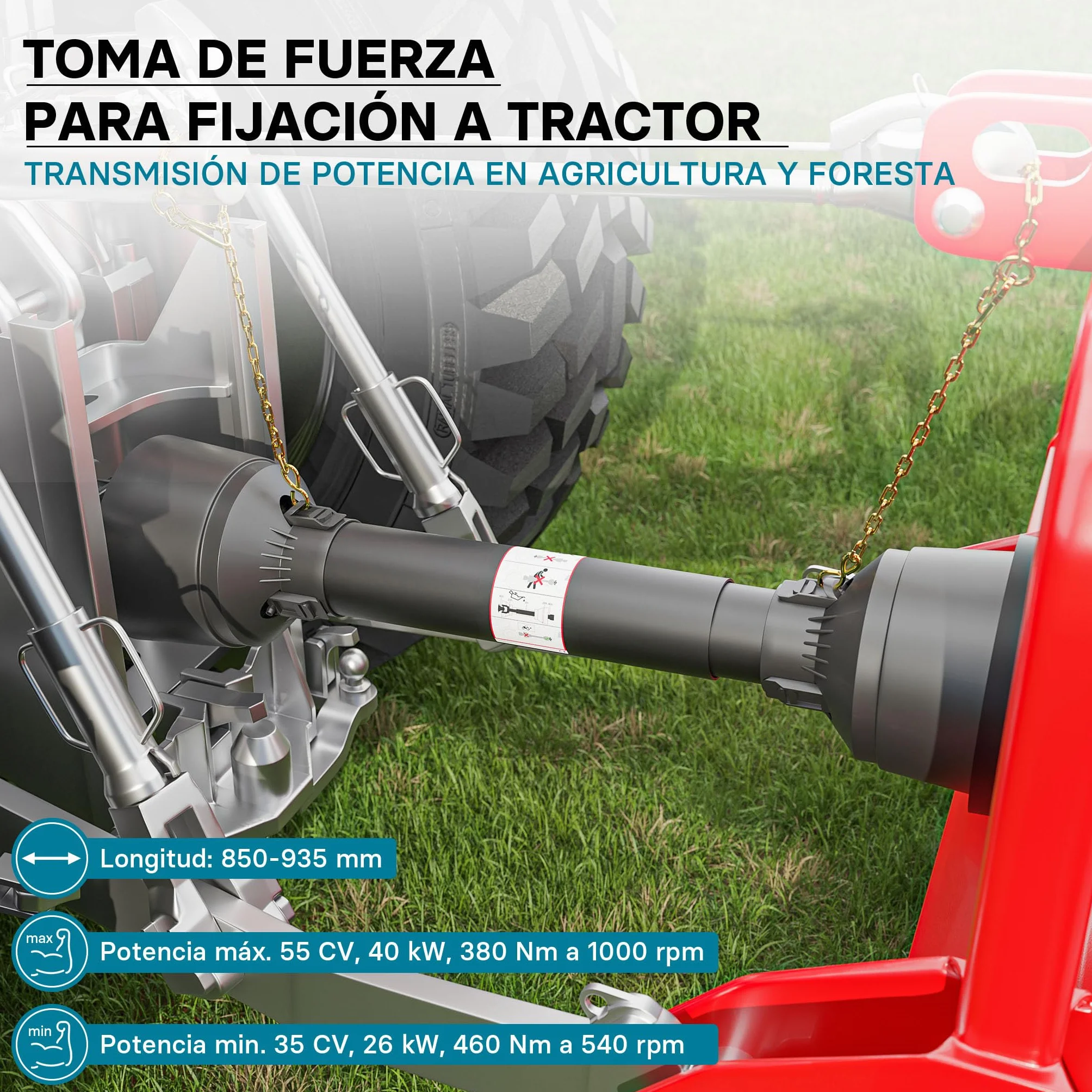 WilTec Toma de Fuerza T4 Eje transmisión cardán 850-935mm 460Nm 540rpm PTO 40kW 55CV 2X 1 3/8" 6 Dientes