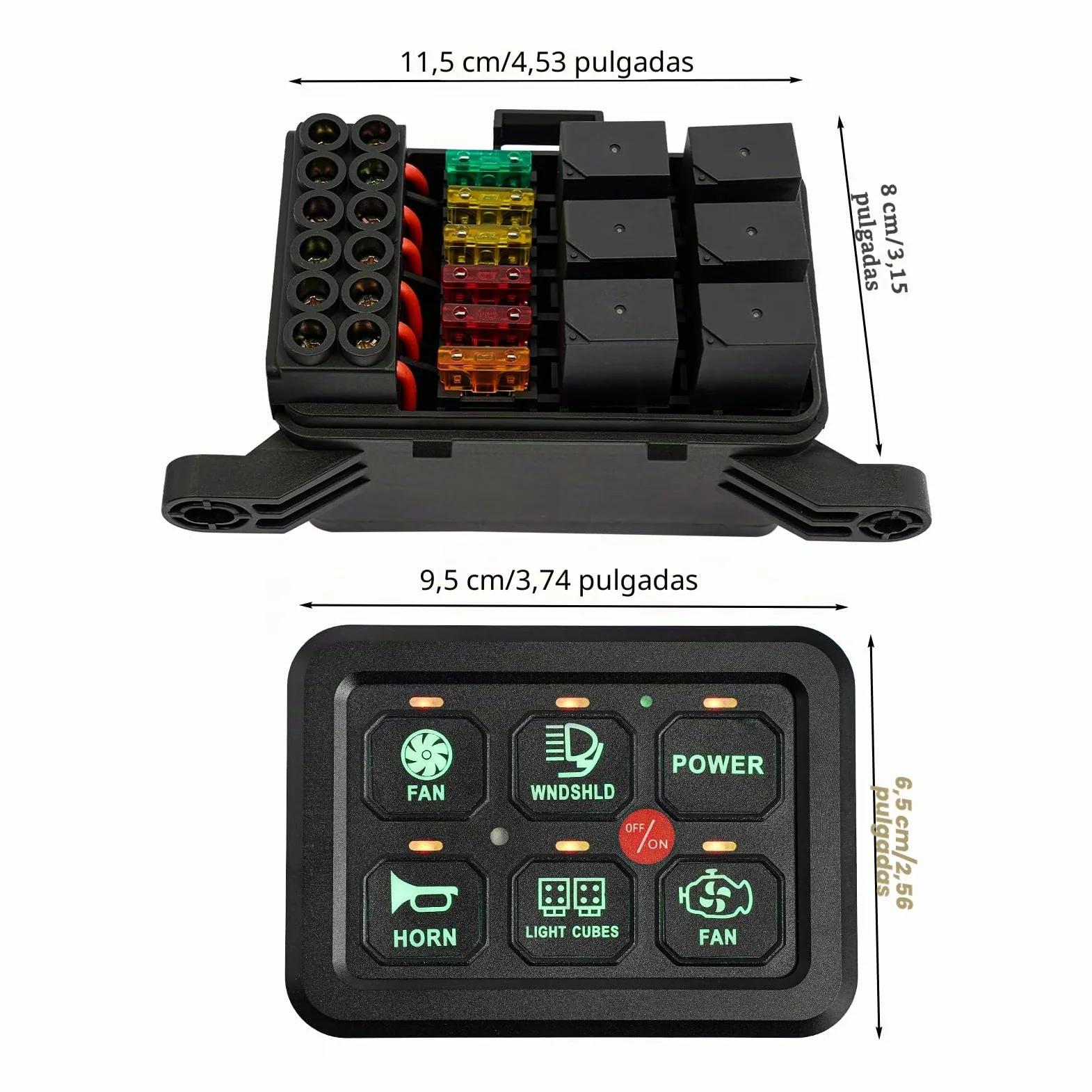 Panel de interruptor de 6 marchas con función de atenuación automática de 720 W, panel de conmutación universal, sistema de relé de control de circuito, para coche, camión, barco, ATV, color verde