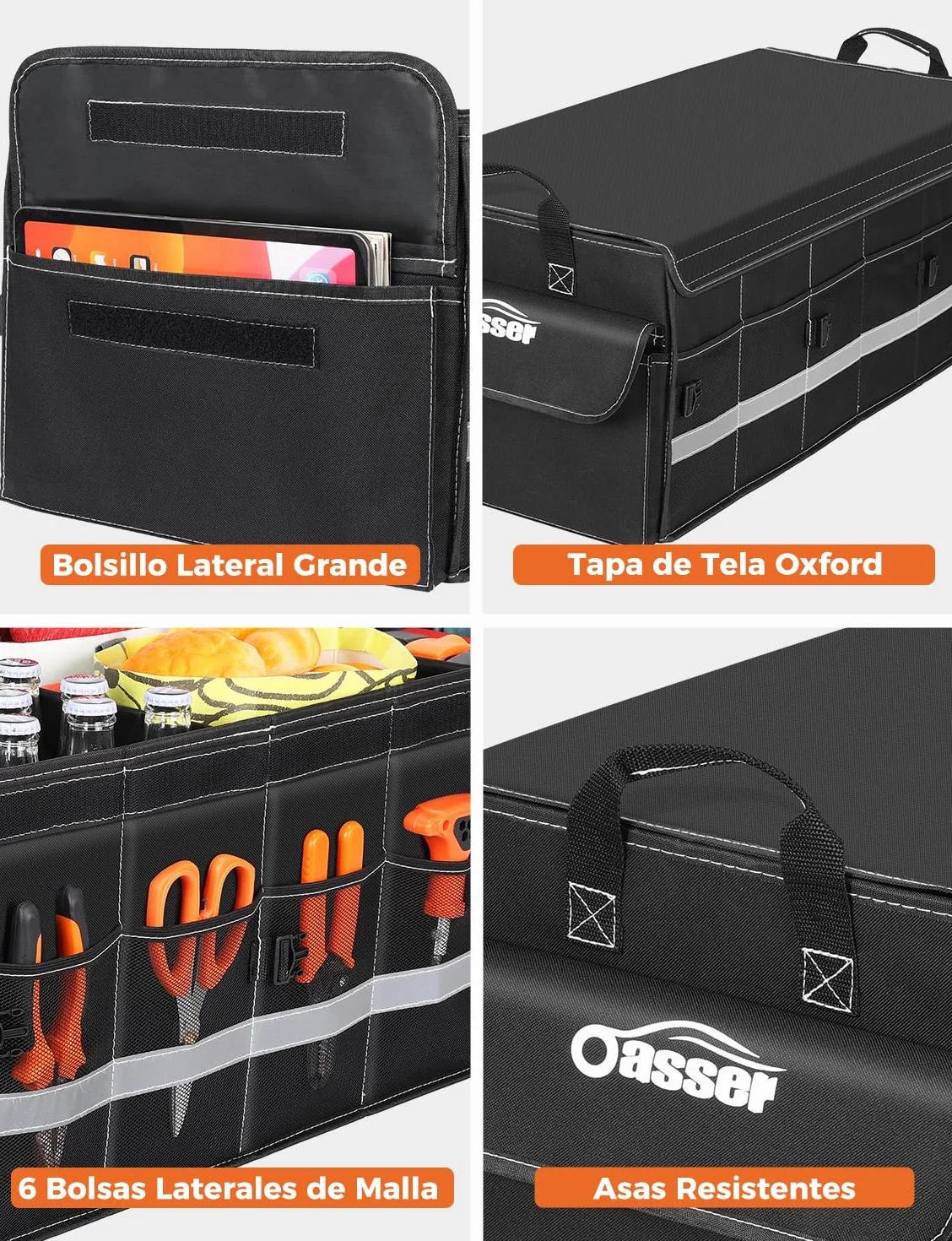 Oasser Organizador Maletero Coche 75L Grande 3 Compartimentos Tapa Desmontable Plegable Antideslizante 1 Bolsillo Grande 6 Bolsas Laterales Malla