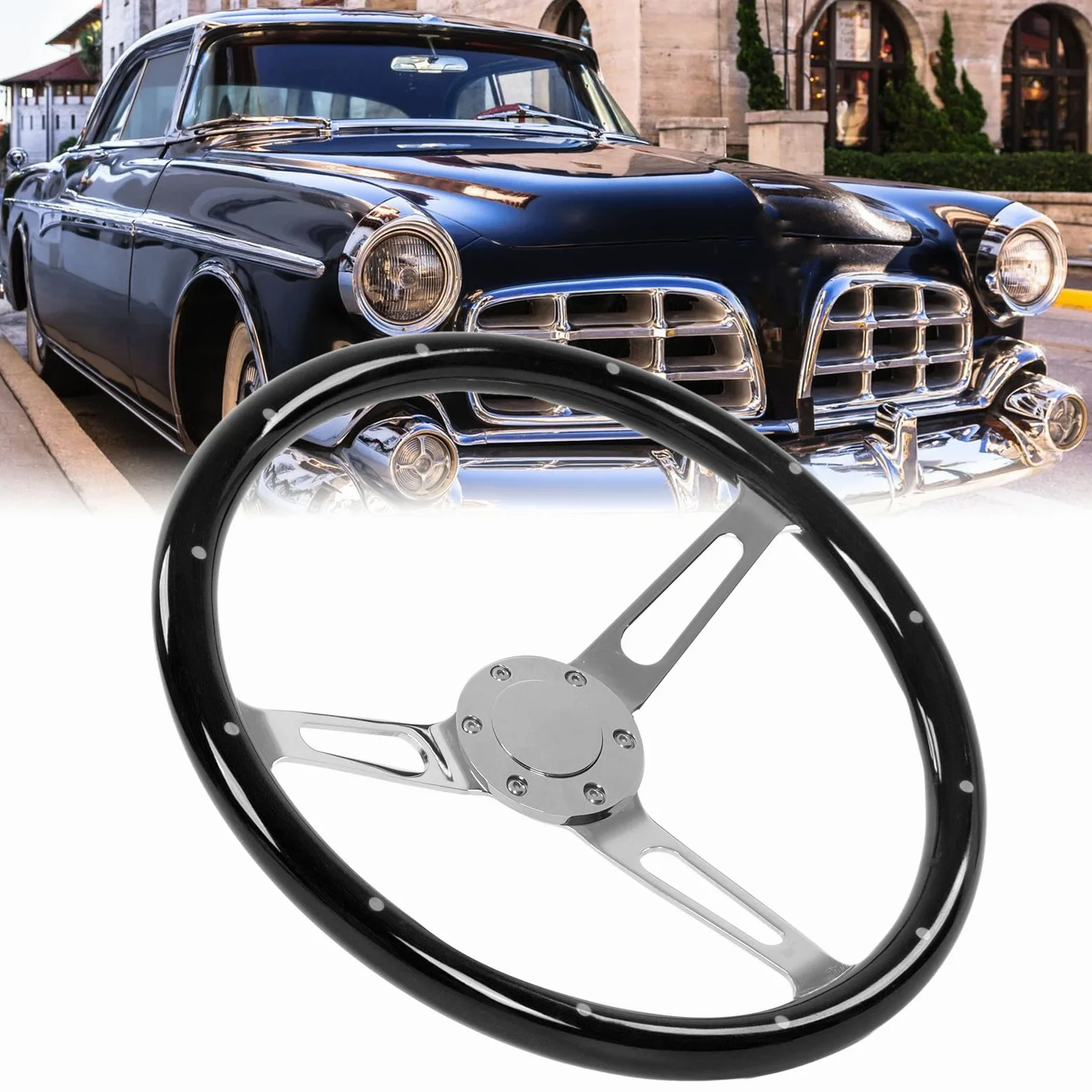 Volante Clásico, Agarre de Nogal de 15 Pulgadas, Volante de Madera de Acero Inoxidable de 3 Radios, Universal con Cubierta de Altavoz, Paquete de Tornillos y Llave para Adaptador de Cubo de