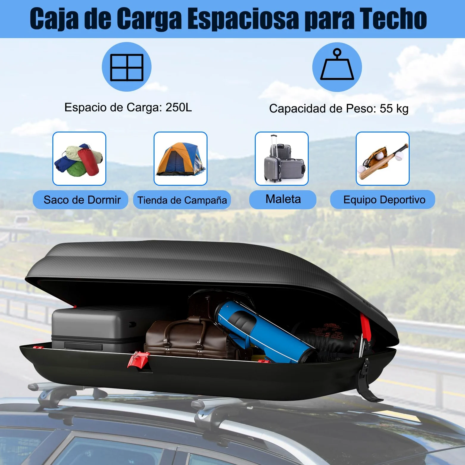 COSTWAY Cofre de Techo 250L, Cofre Techo Coche para Vehículo Impermeable con Llaves, Porta Equipaje de Automóvil, Caja de Equipaje de Techo para Coche, Vagone y SUV, Plata + Negro