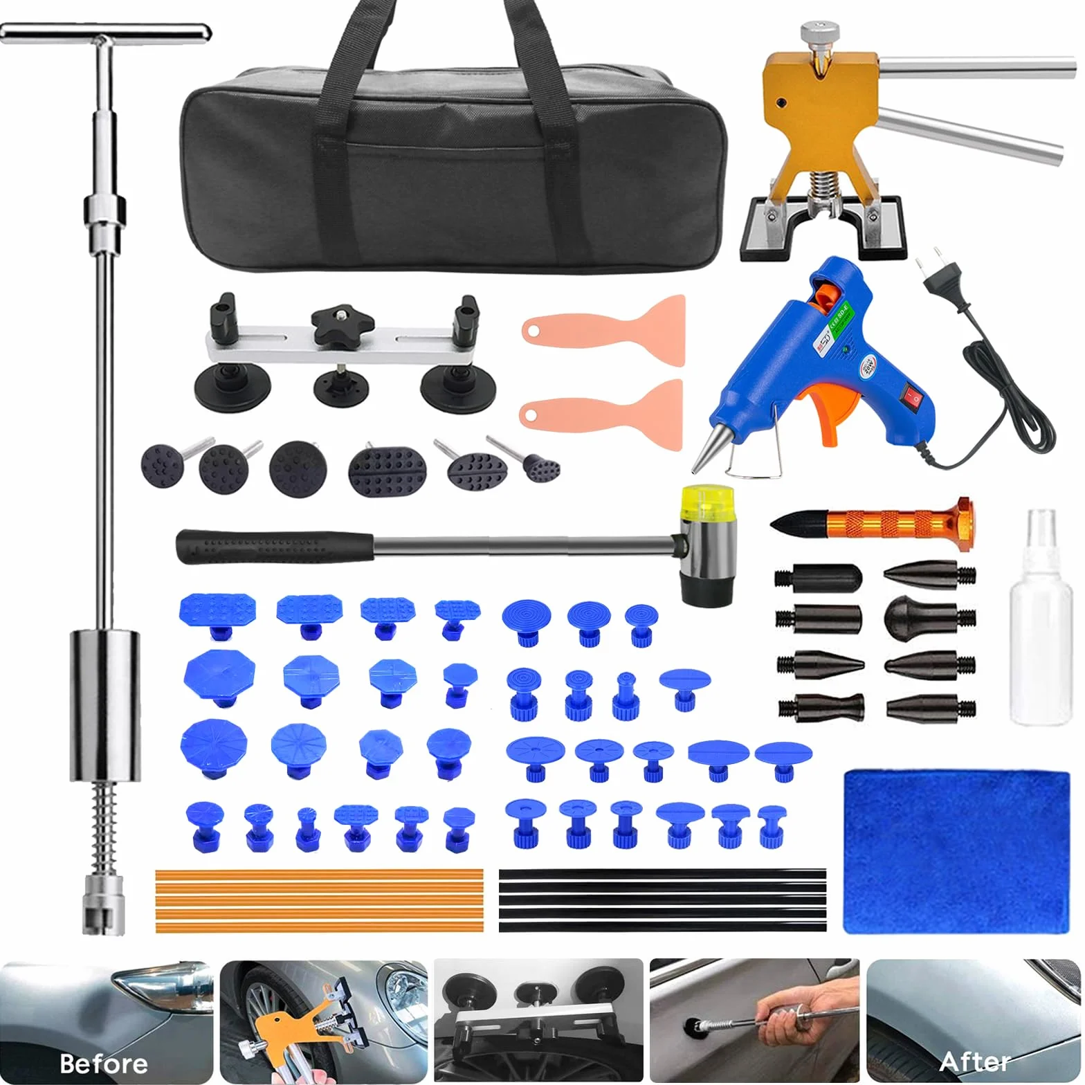 Kit extractor de abolladuras de coche ajustable dorado, puente y martillo deslizante T-bar