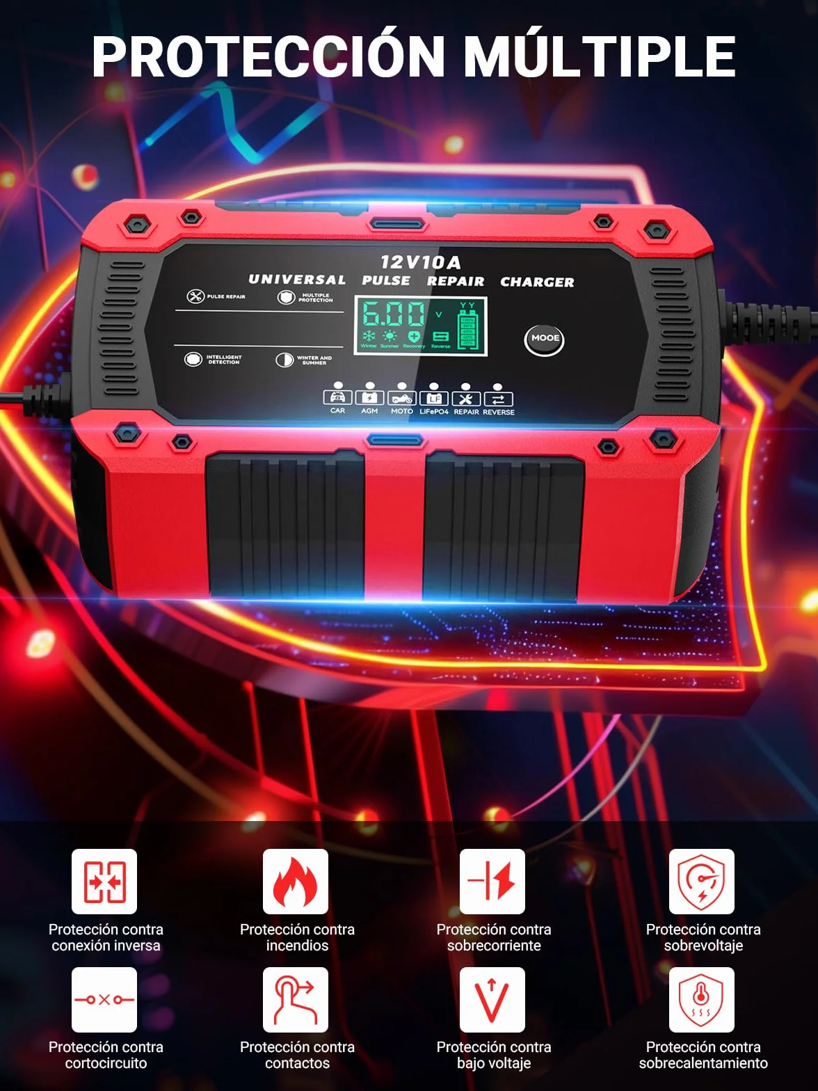Cargador de Batería de Coche 12V 10A Cargador Baterias Coche y Moto con Pantalla Táctil LCD Inteligente y Múltiples Protecciones Cargador de Batería para Auto Moto Camión AGM, Gel, SLA