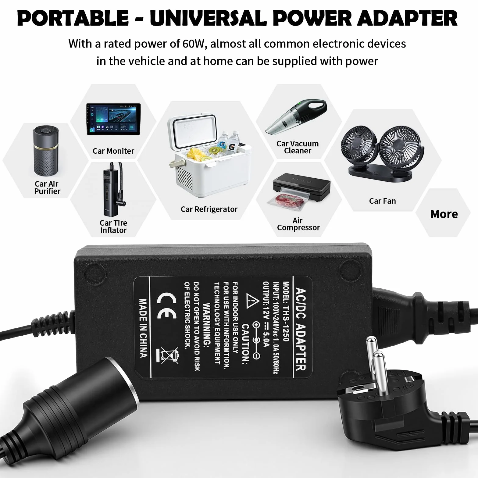 Adaptador Mechero Coche a Enchufe, 5A/60W Transformador 12V a 220, Convertidor 12V 220V, con Encendidor de Cigarrillo de Coche, para Nevera de Coche, Inflador de Neumáticos, Aspiradora de Coch