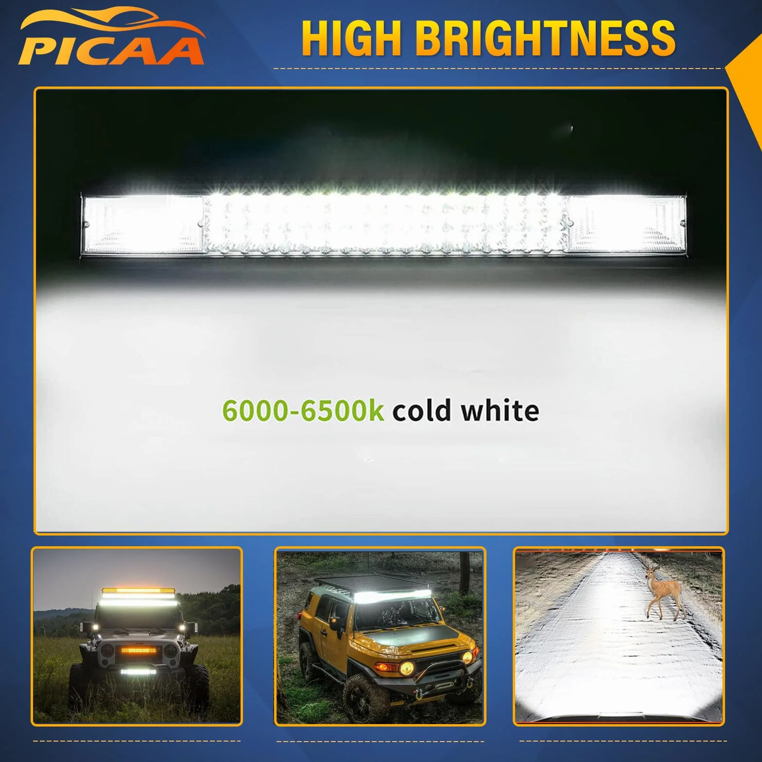 PICAA 50 Pulgadas 648W+Soporte Magnético+Cableado Kit, 127cm Tri-Fila Luz de Trabajo LED 12V 24V 6000K Blanco Foco Led Coche Camión Todoterreno Barras Luminosas Led