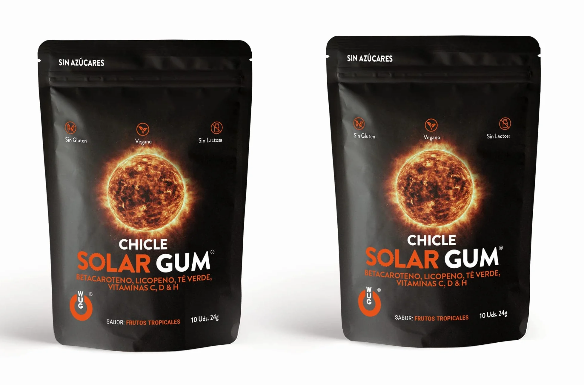 WUG CHICLE SOLAR GUM Betacaroteno Vitaminas C D H Licopeno Té Verde Pack 2 x 10 uds