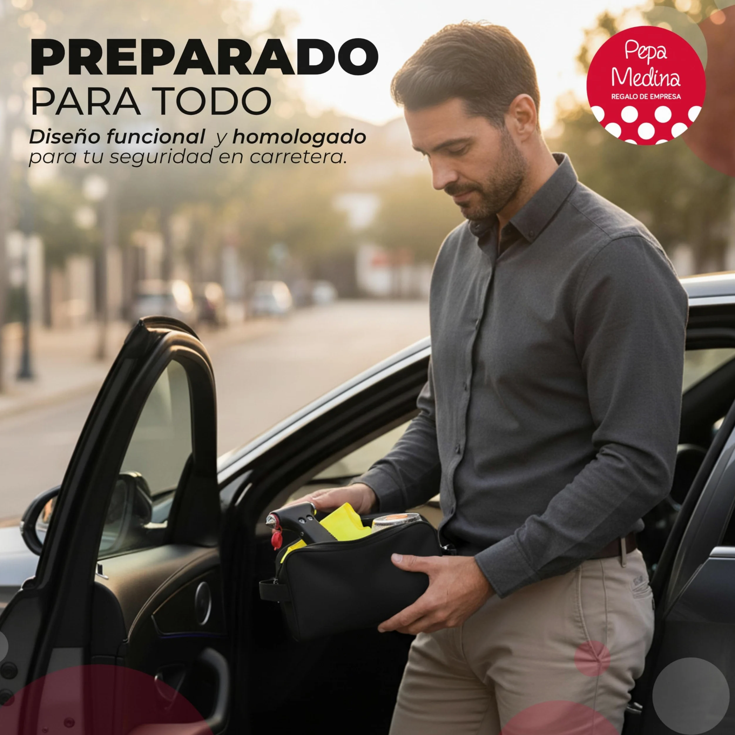 Kit Emergencia y Seguridad para Coche con Luz V16 Geolocalizada Homologada DGT 2026, Chaleco Reflectante, Martillo Multifunción, Cuchilla Cortacinturones, Linterna LED y Neceser Compacto