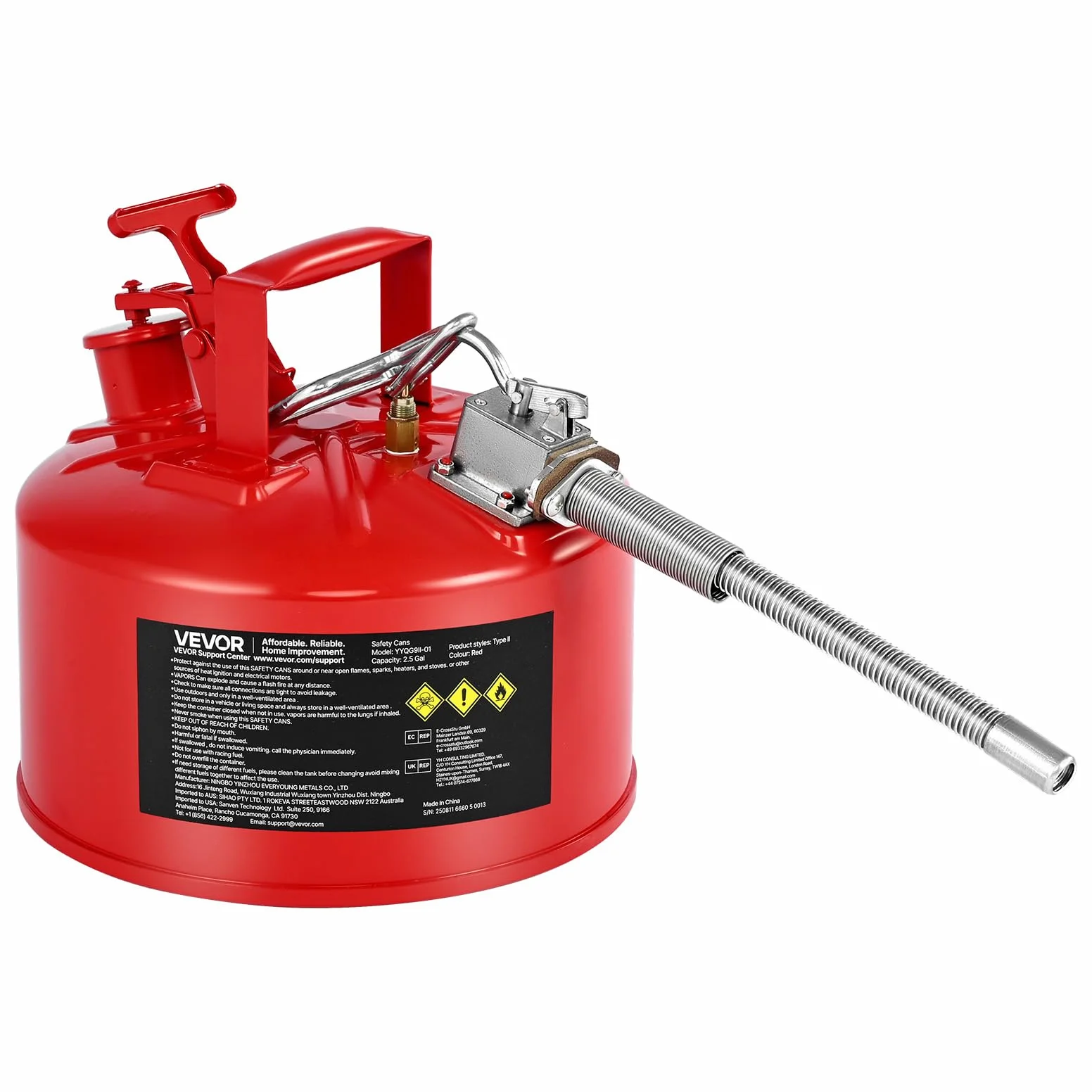 VEVOR Bidón de Seguridad de 9,5 L Tipo II, Acero Laminado en Frío, Resistente a la Corrosión, con Supresor de Llamas, Tapa de Cierre Automático y Pico Metálico Flexible, Color Rojo, 297 x 275 mm