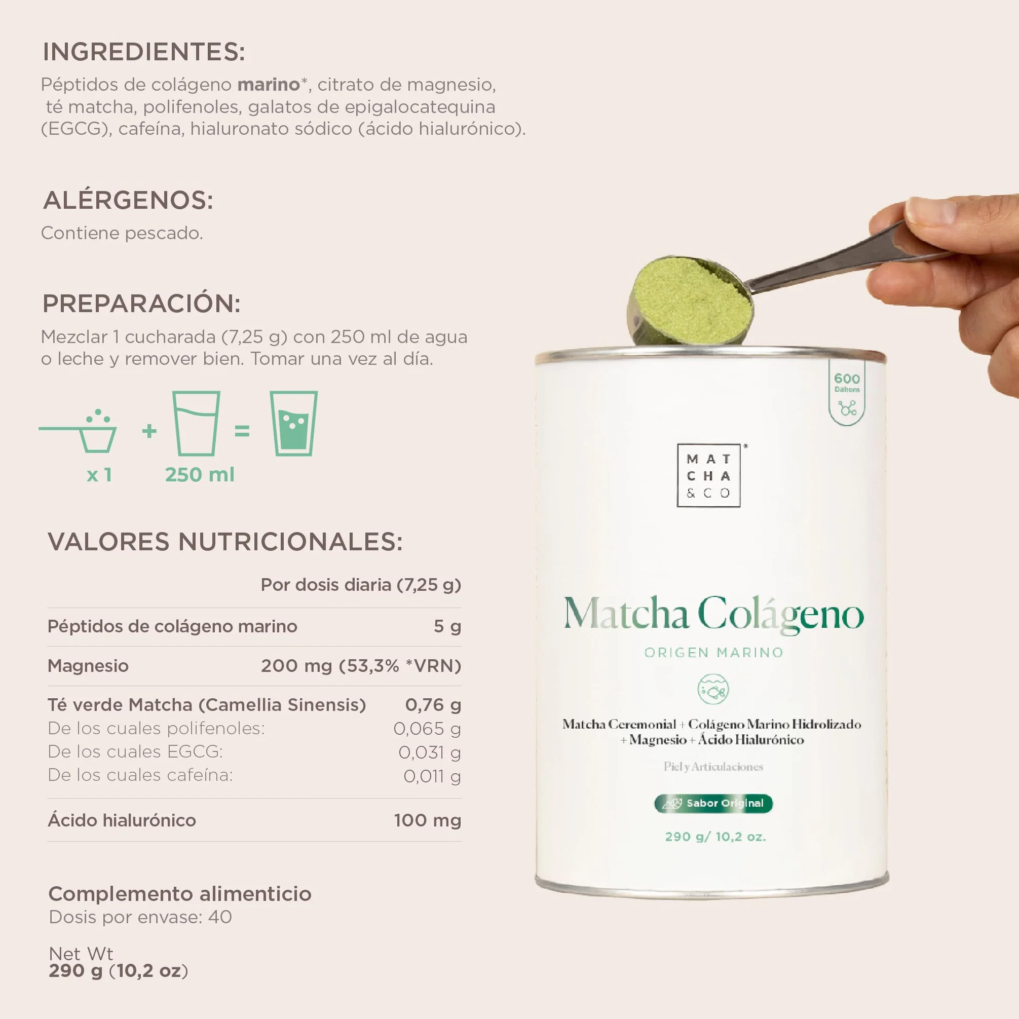 Matcha Collagen Colágeno Marino con Magnesio, Té Matcha y Ácido Hialurónico 290 g