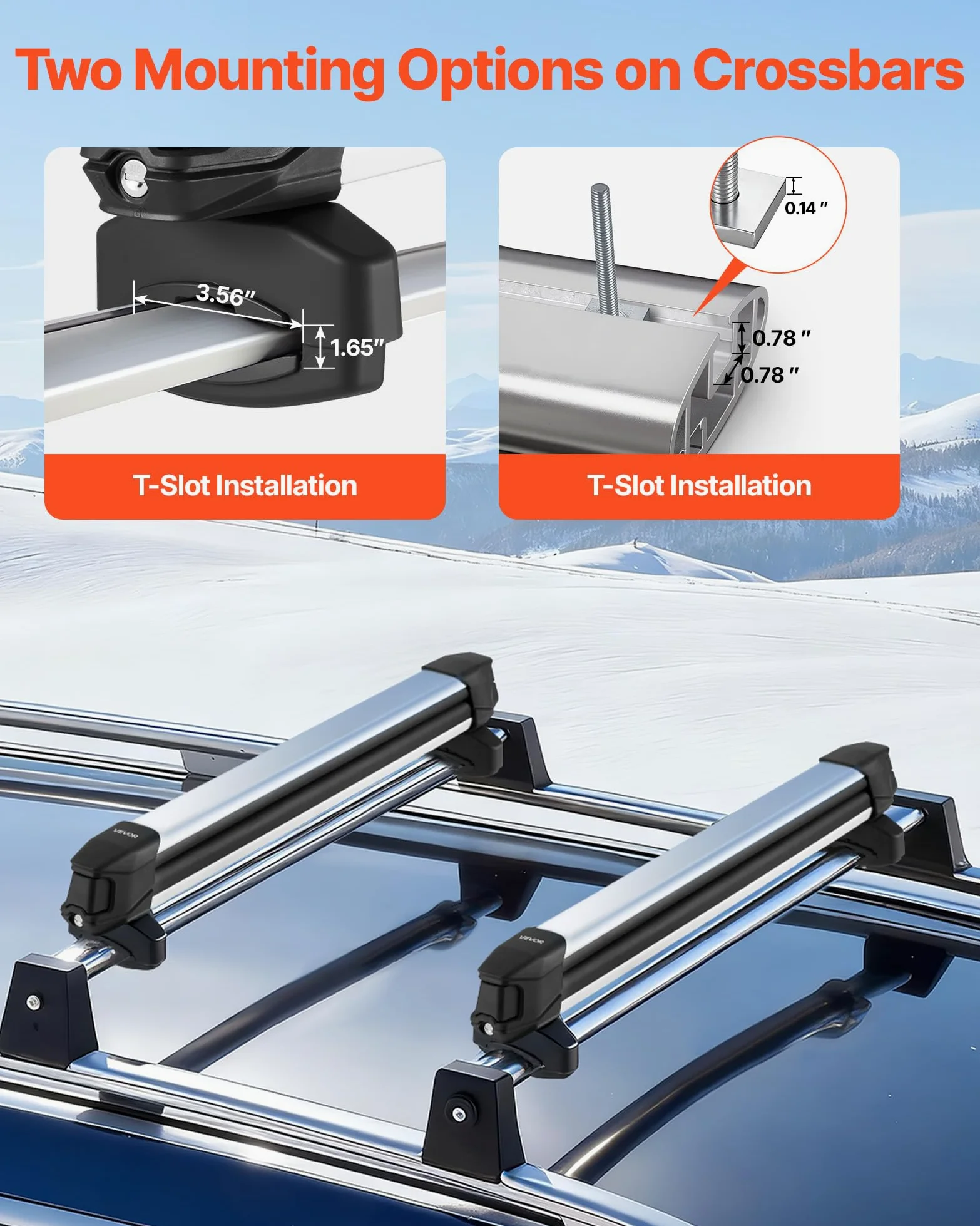 VEVOR Portaesquís Universal de Techo de Automóvil, para hasta 6 Pares de Esquís o 4 Tablas de Snowboard, 2 Piezas, con Cerradura, con Acolchado de Goma y Ranura en T, 915 x 85 x 100 mm, Negro