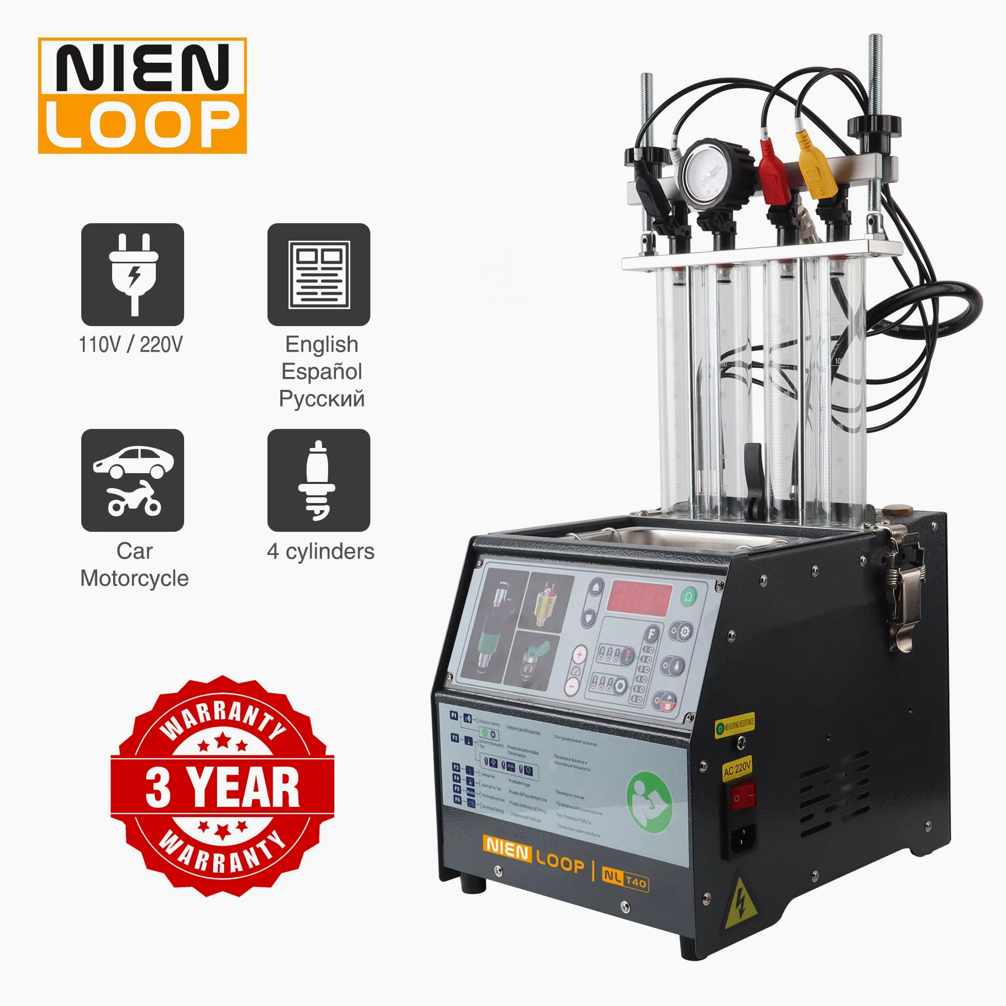 Máquina de limpieza de inyectores de combustible, limpiador ultrasónico de inyector, 4 cilindros, tubo de vidrio de 120 ml