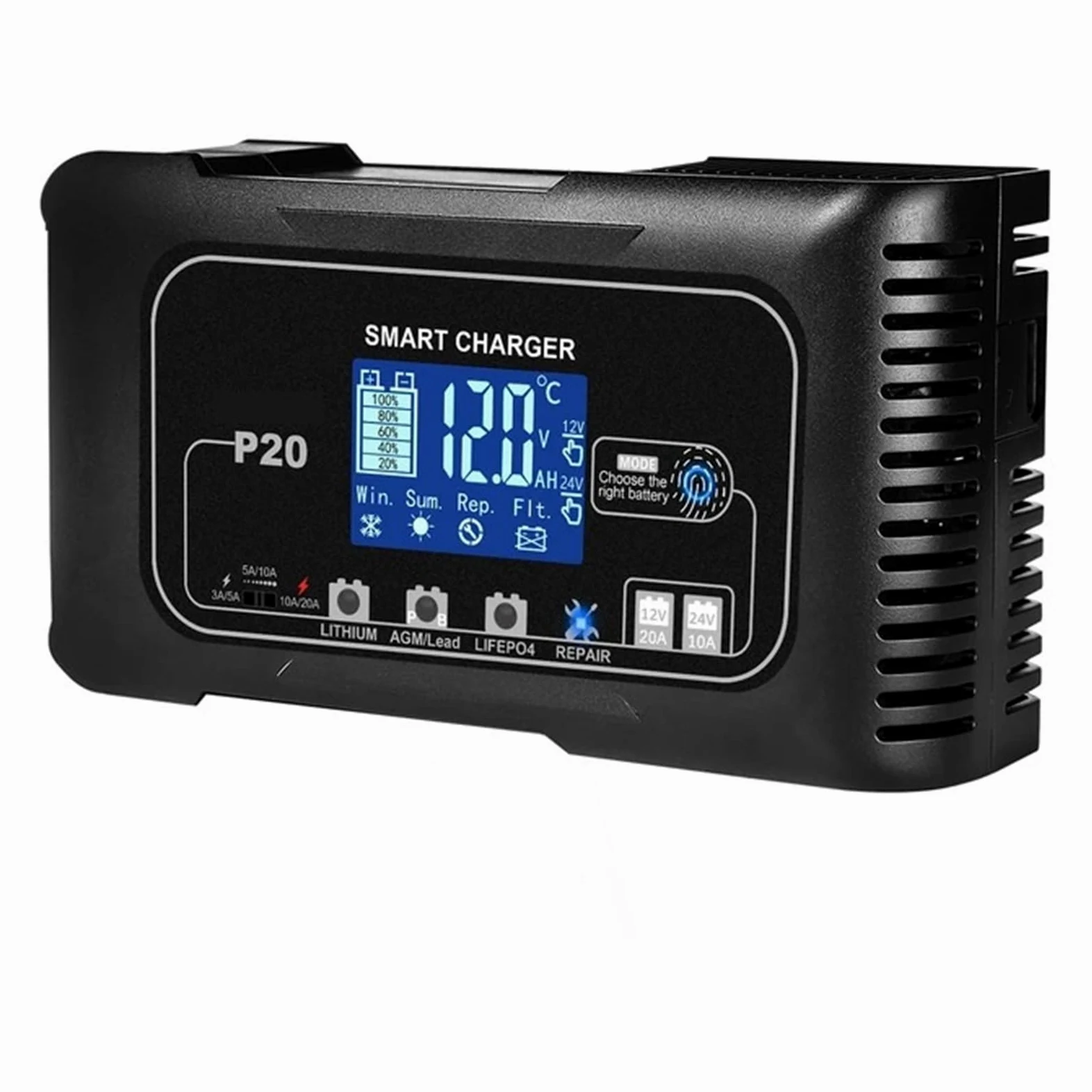 Cargador de Bateria, Cargador de batería inteligente de 15A/20A con carga de reparación por pulsos automáticos