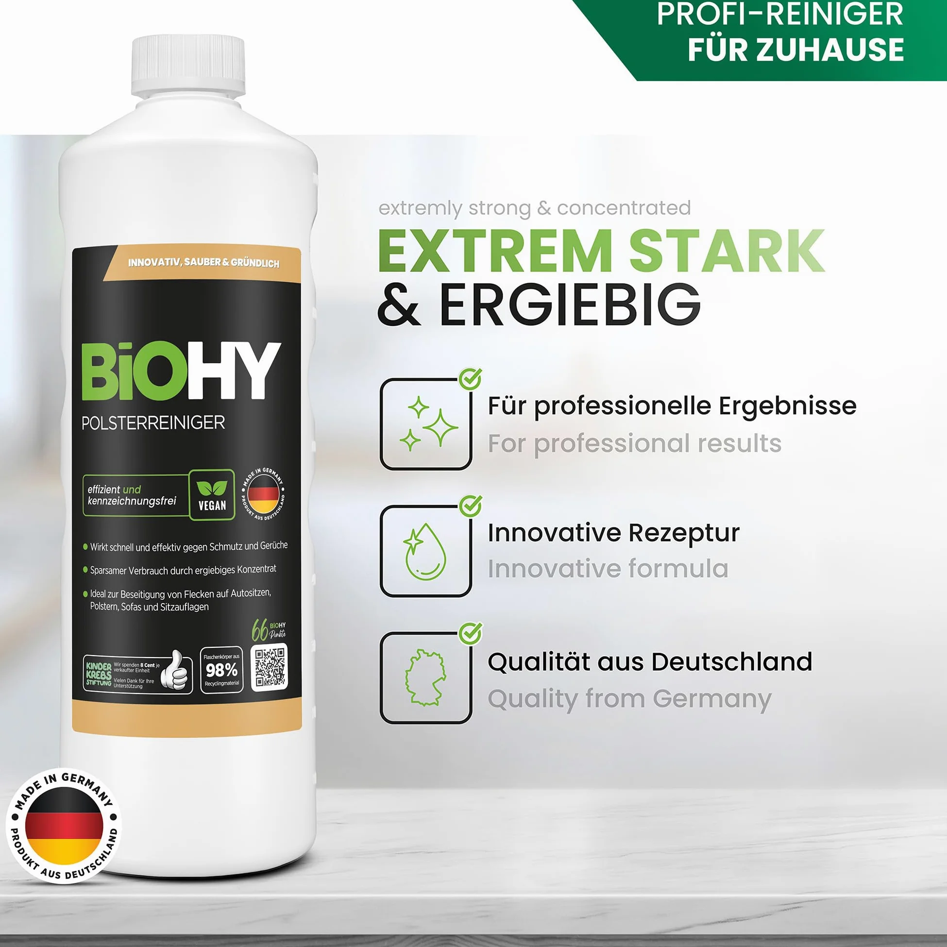BiOHY Limpiador tapicerías (Bidón de 10 litros) | Ideal para asientos de coche, sofás, colchones, etc. | También es adecuado para las lavadoras (Polsterreiniger)