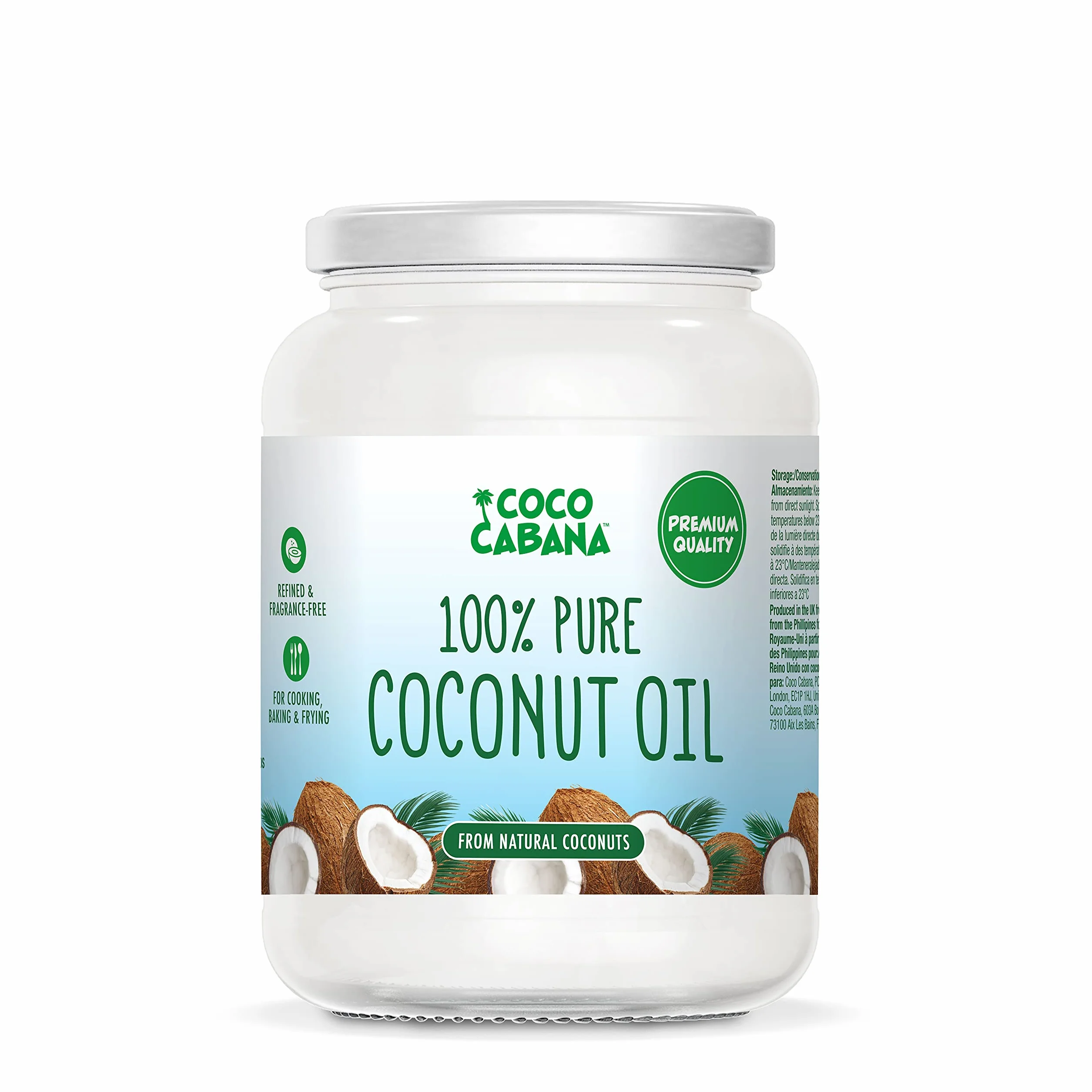 Coco Cabana Aceite de coco 100% puro 1 litro vegano sin gluten sin lácteos para piel cabello y cocina
